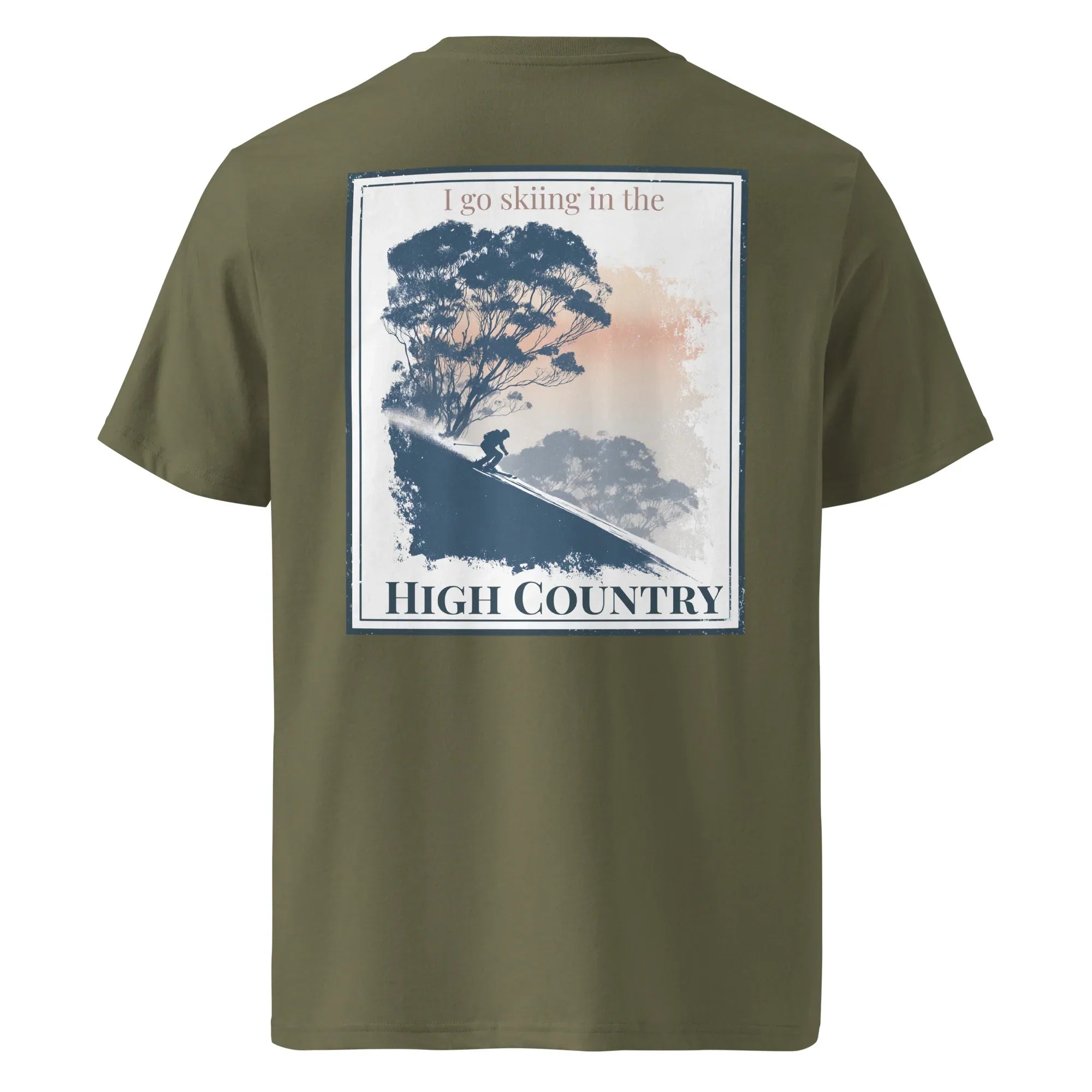 Organic Tee Khaki mit Rückendruck „I go skiing in the High Country“