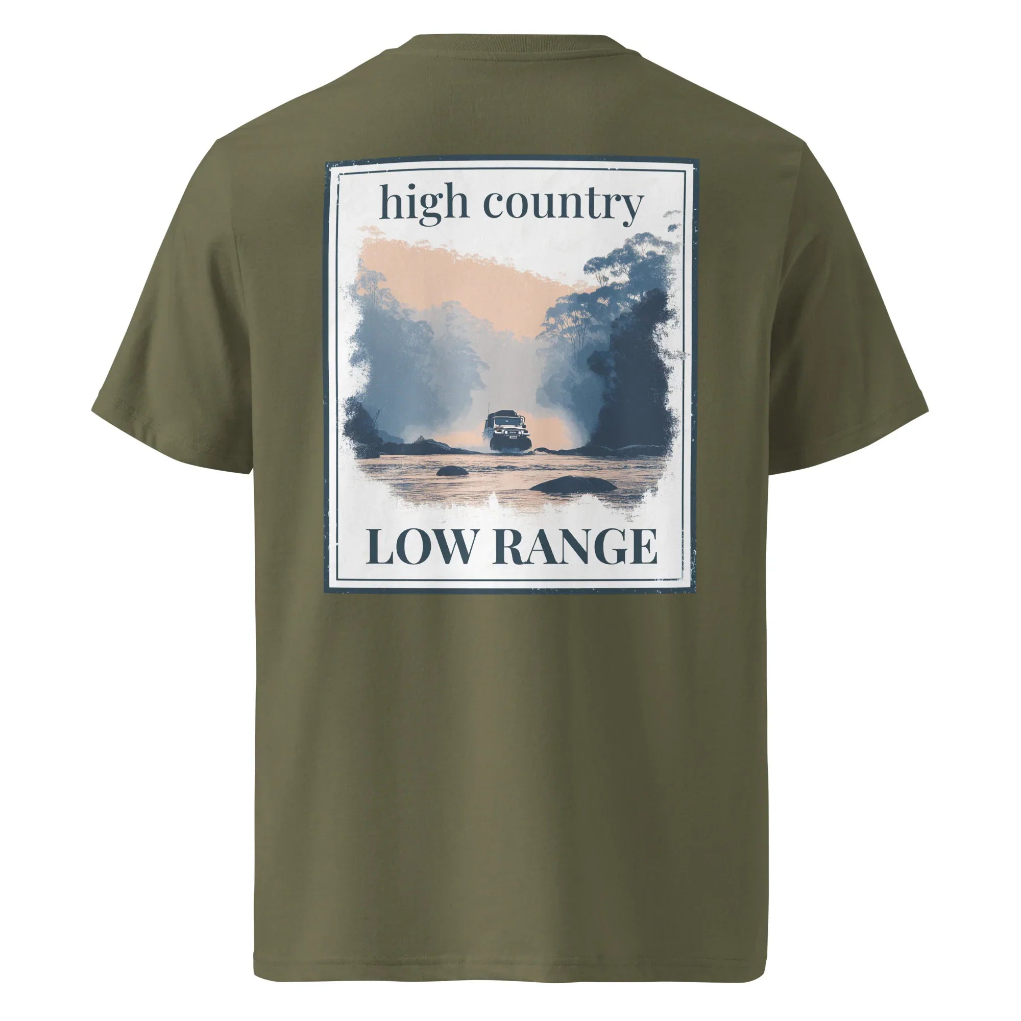 Tee “high country / low range” back graphic on olive shirt