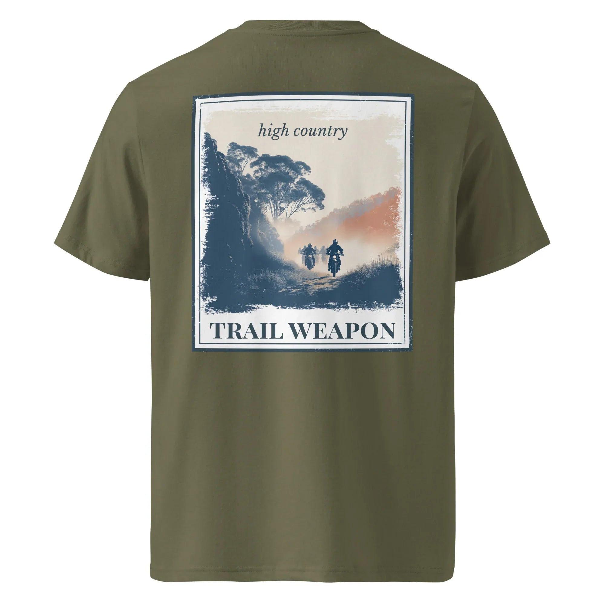T-Shirt mit Rückenprint „TRAIL WEAPON“ und „high country“, khaki/oliv