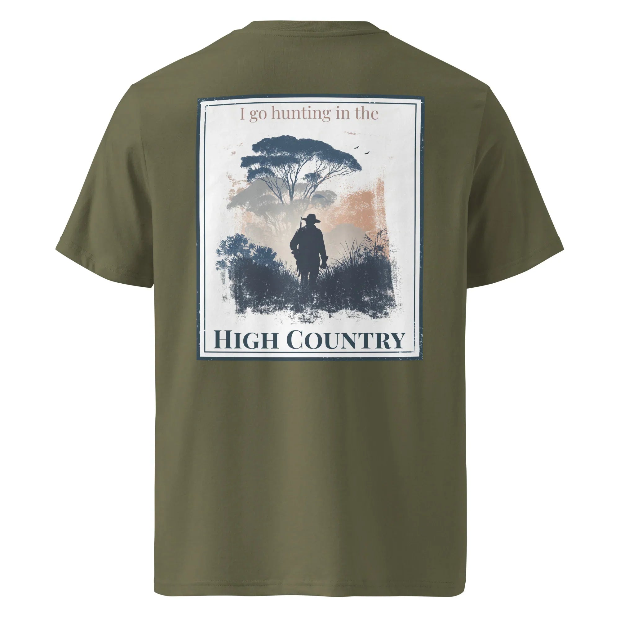 Khaki organic tee—back graphic with hunter silhouette and “HIGH COUNTRY” text
