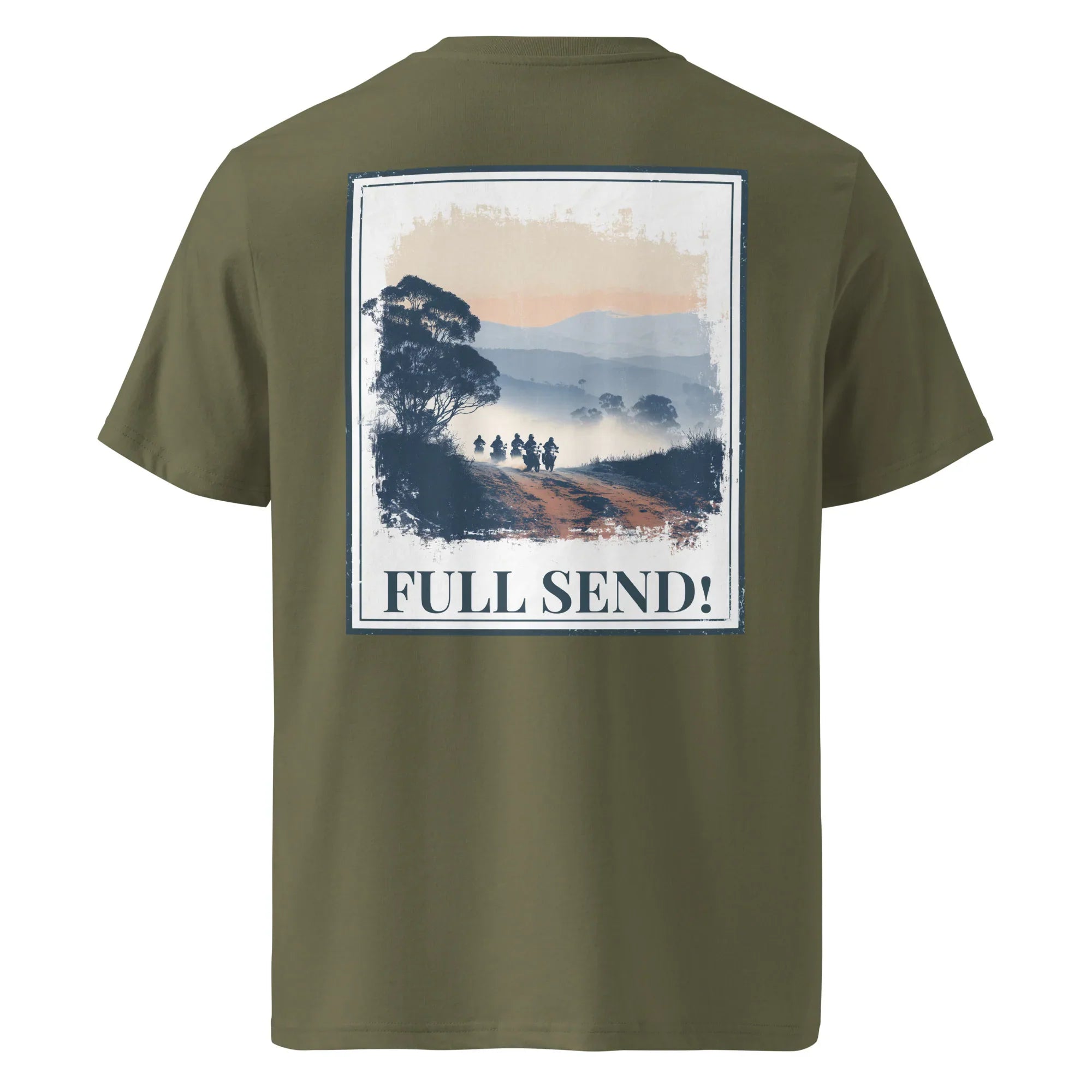 Organic Tee Oliv/Kaki, back graphic with “FULL SEND!” text