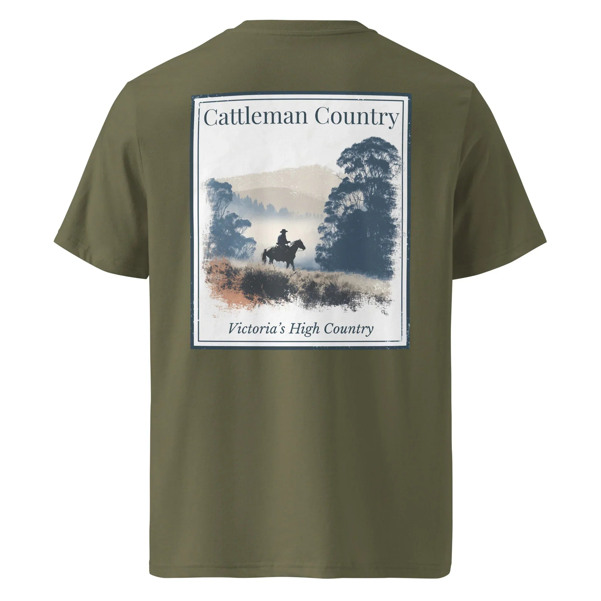 Organic Tee Rückseite, khaki, „Cattleman Country“ Motiv mit Pferd