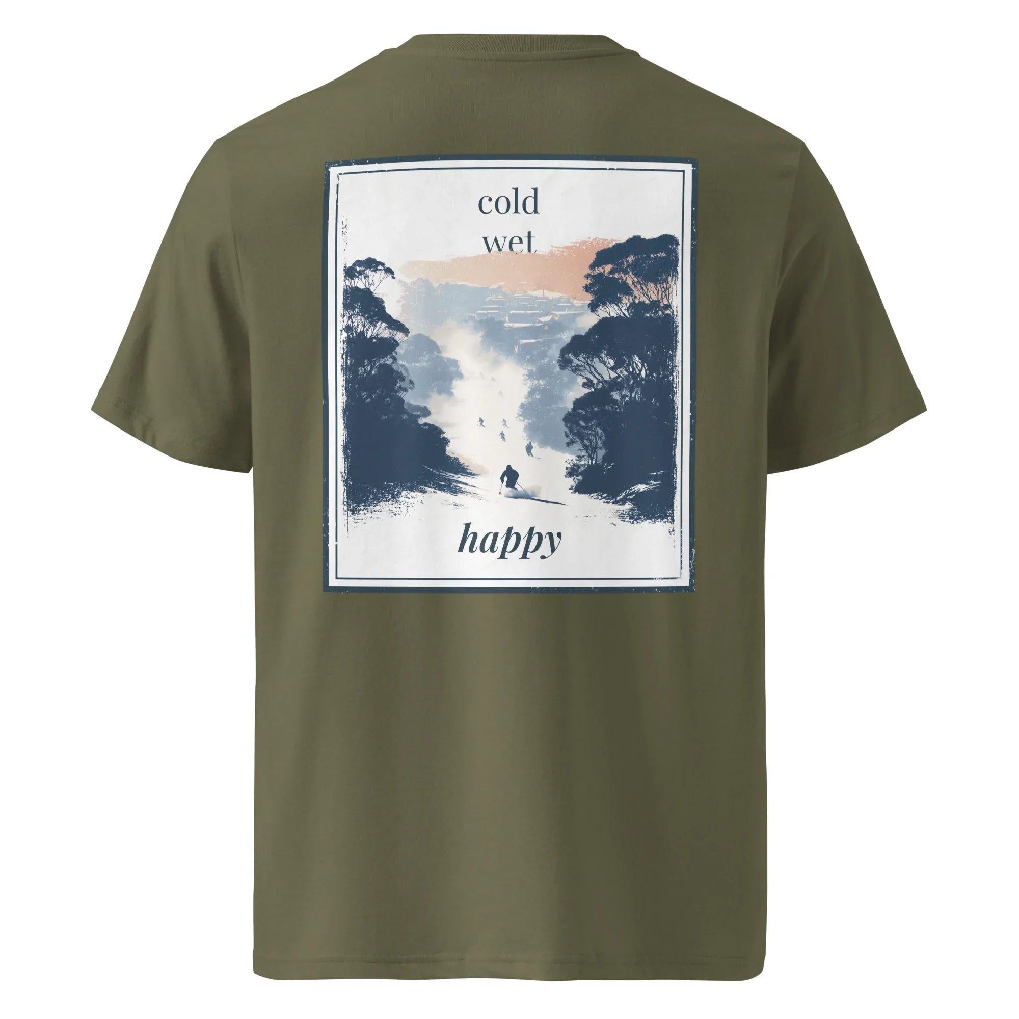 Organic Tee in Khaki mit großem „cold wet happy“-Rückenprint