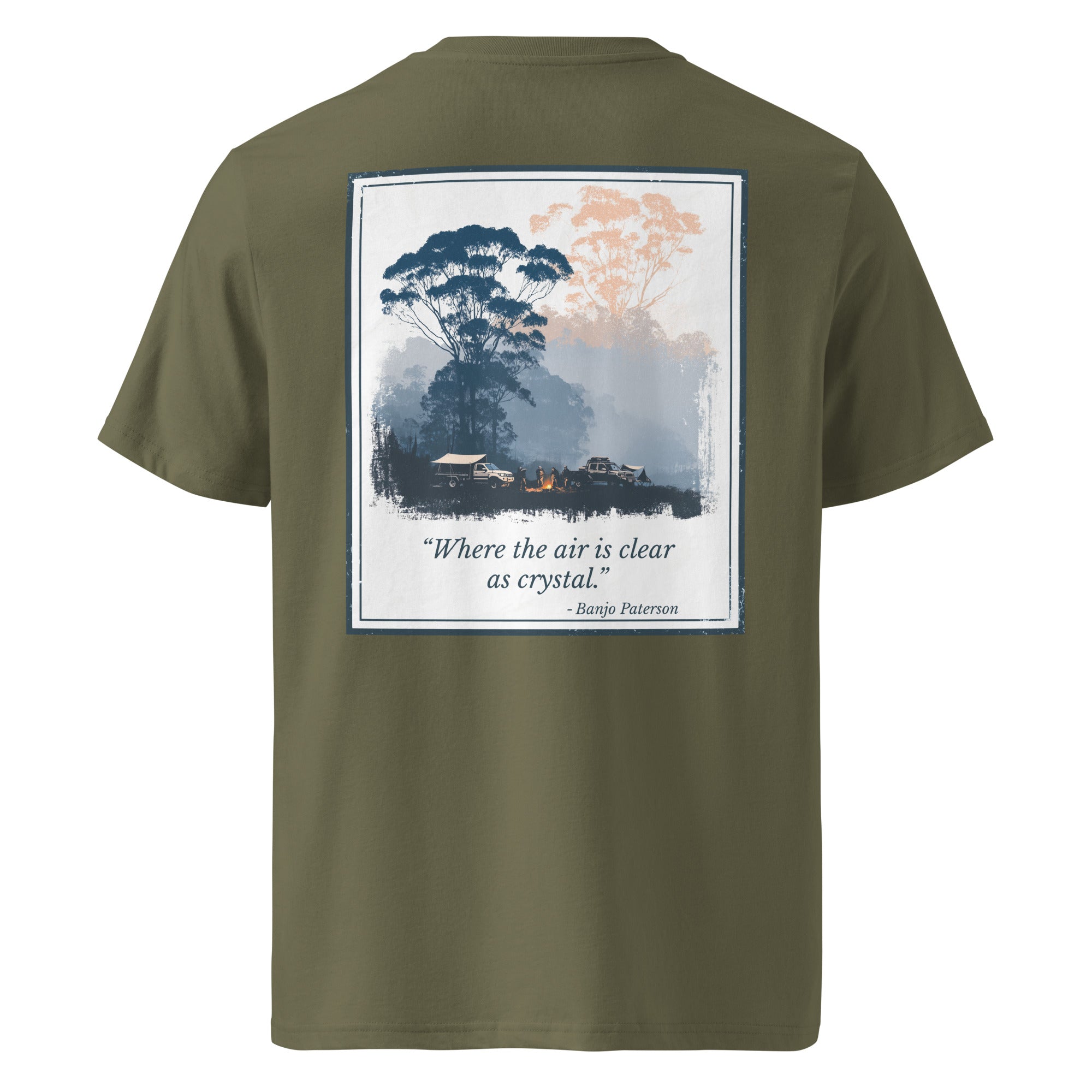Organic tee, back view, framed landscape graphic, olive green
