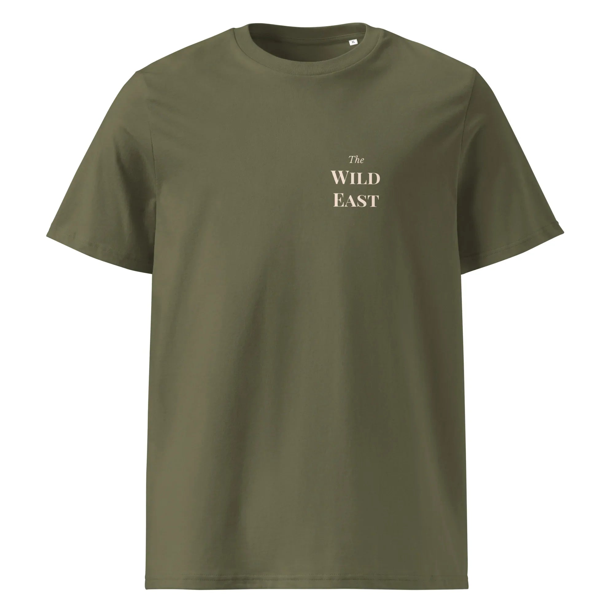 Organic Tee Oliv/Kaki, front “The Wild East” logo text
