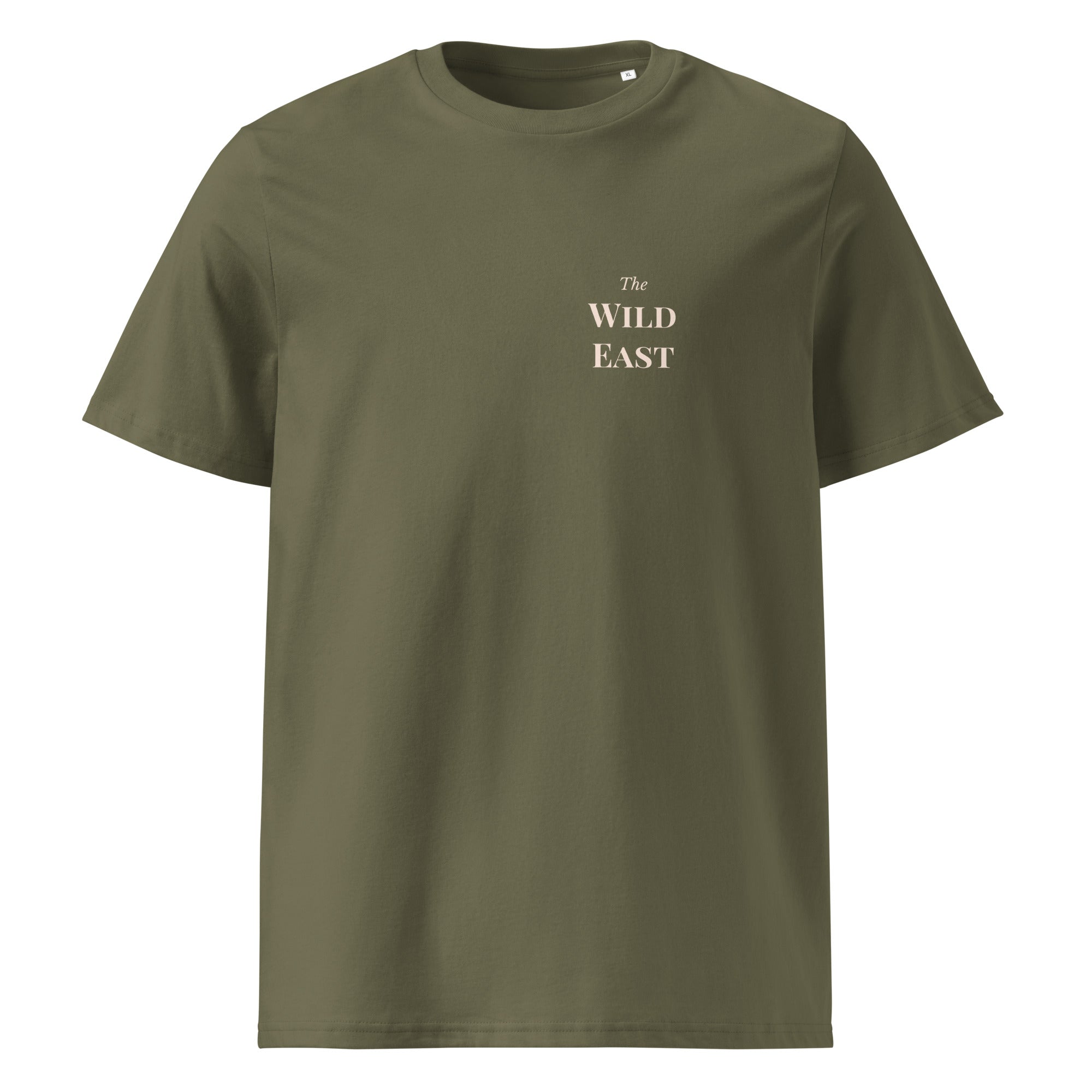 Organic T-shirt, olive, front “The WILD EAST” text logo