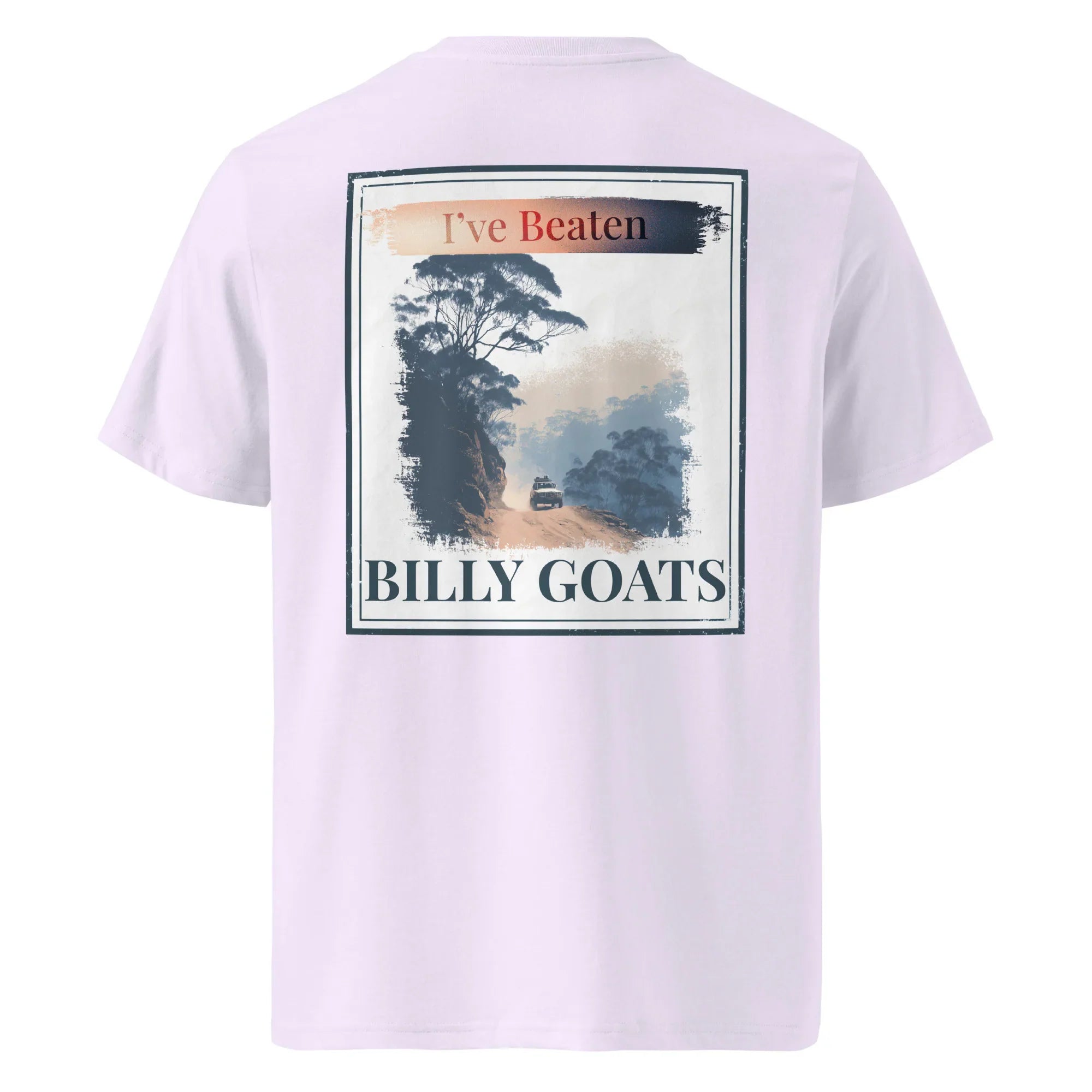Organic Tee back print: 'I've Beaten Billy Goats' on lavender