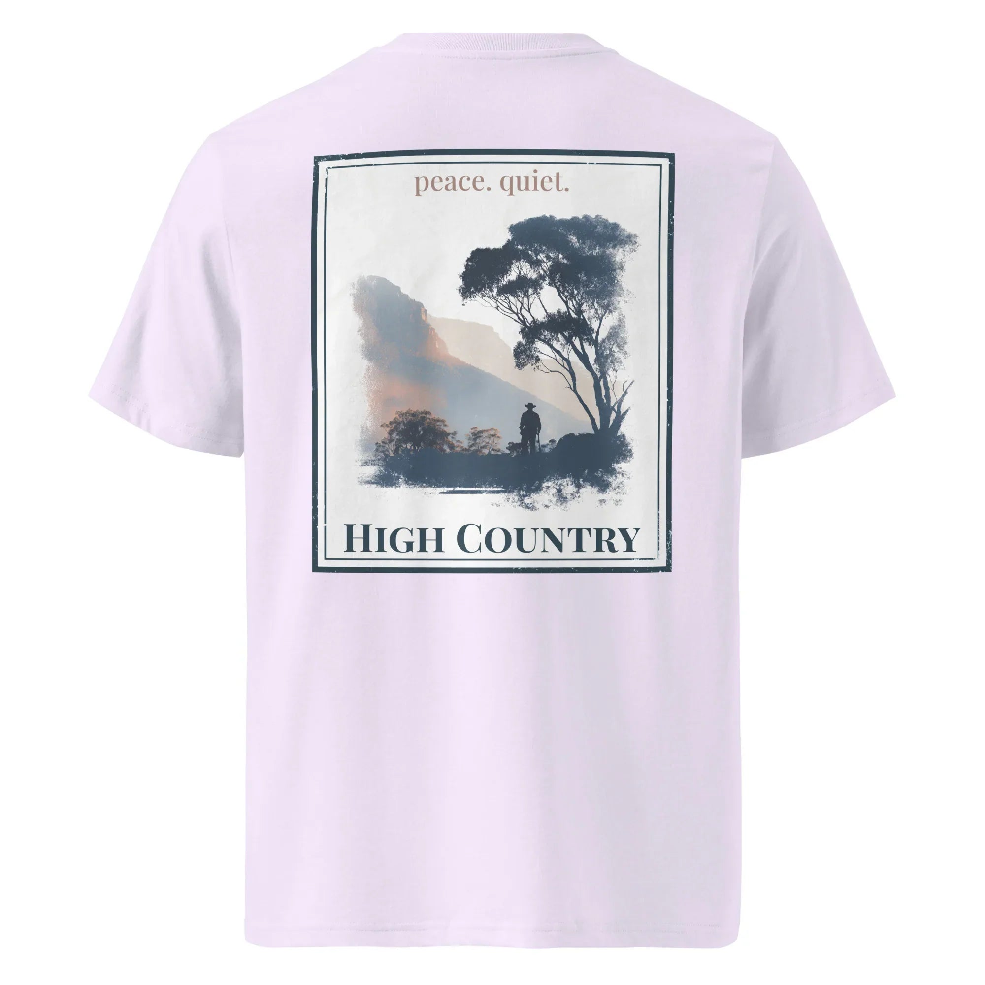 Organic Tee High Country, lavender; back graphic with tree and “peace. quiet.”