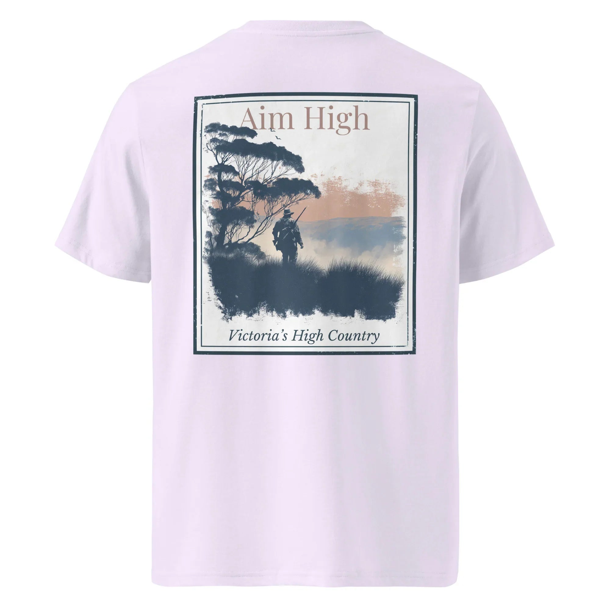 Organic Aim High tee, lavender, back print with framed landscape graphic and “Victoria’s High Country”