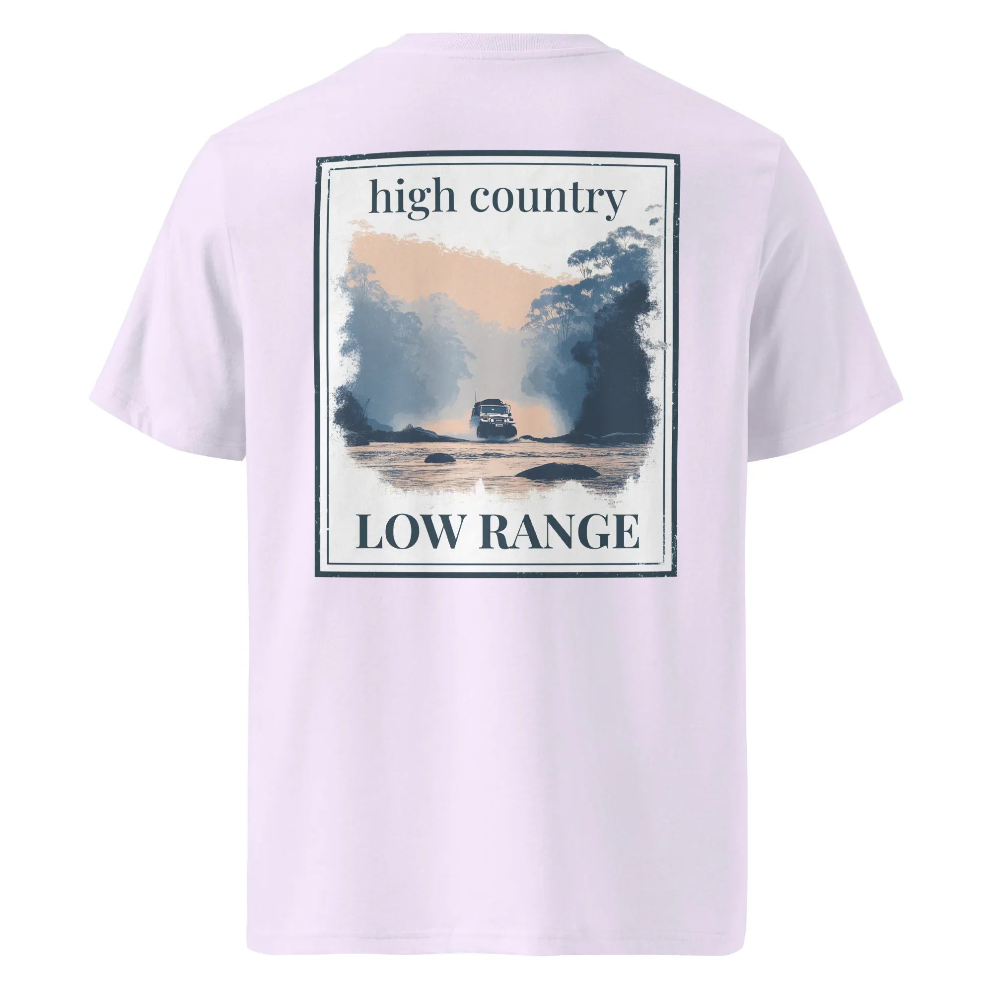 Organic tee in lavender, back graphic reading “high country” and “LOW RANGE”