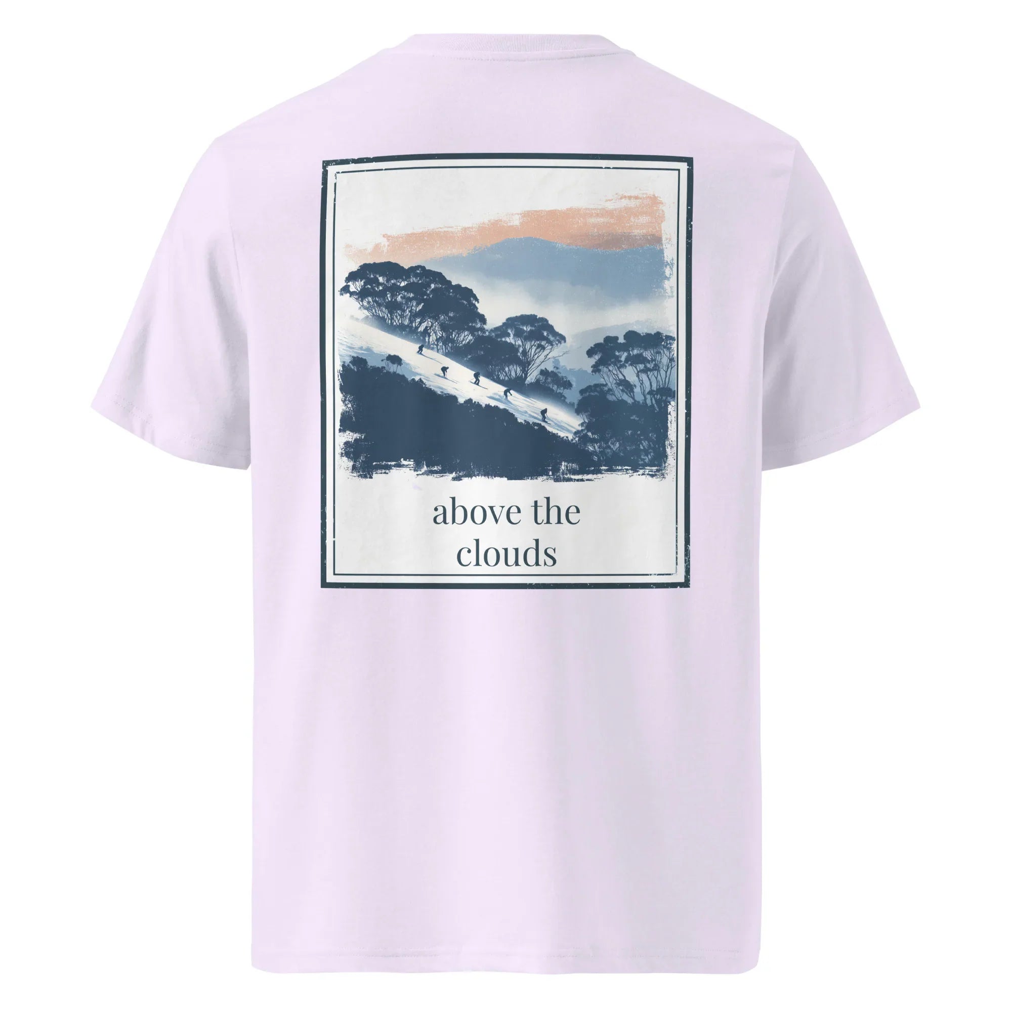 Lavender organic T-shirt, back graphic mountains with "above the clouds" text