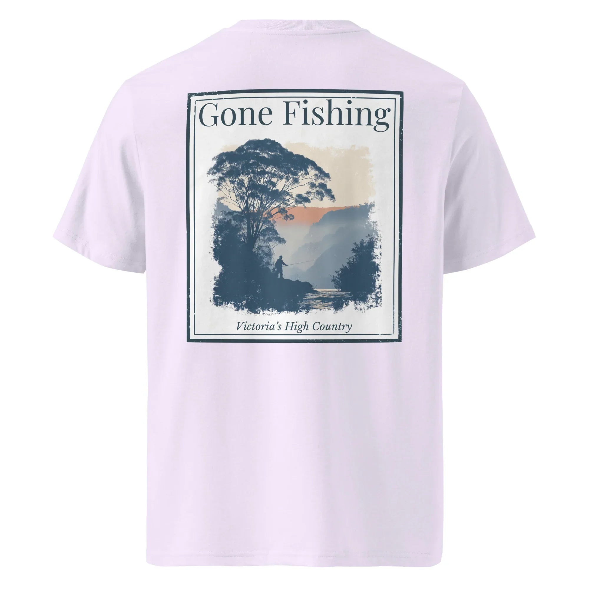 Organic Tee - Gone Fishing, lavender, large back graphic print