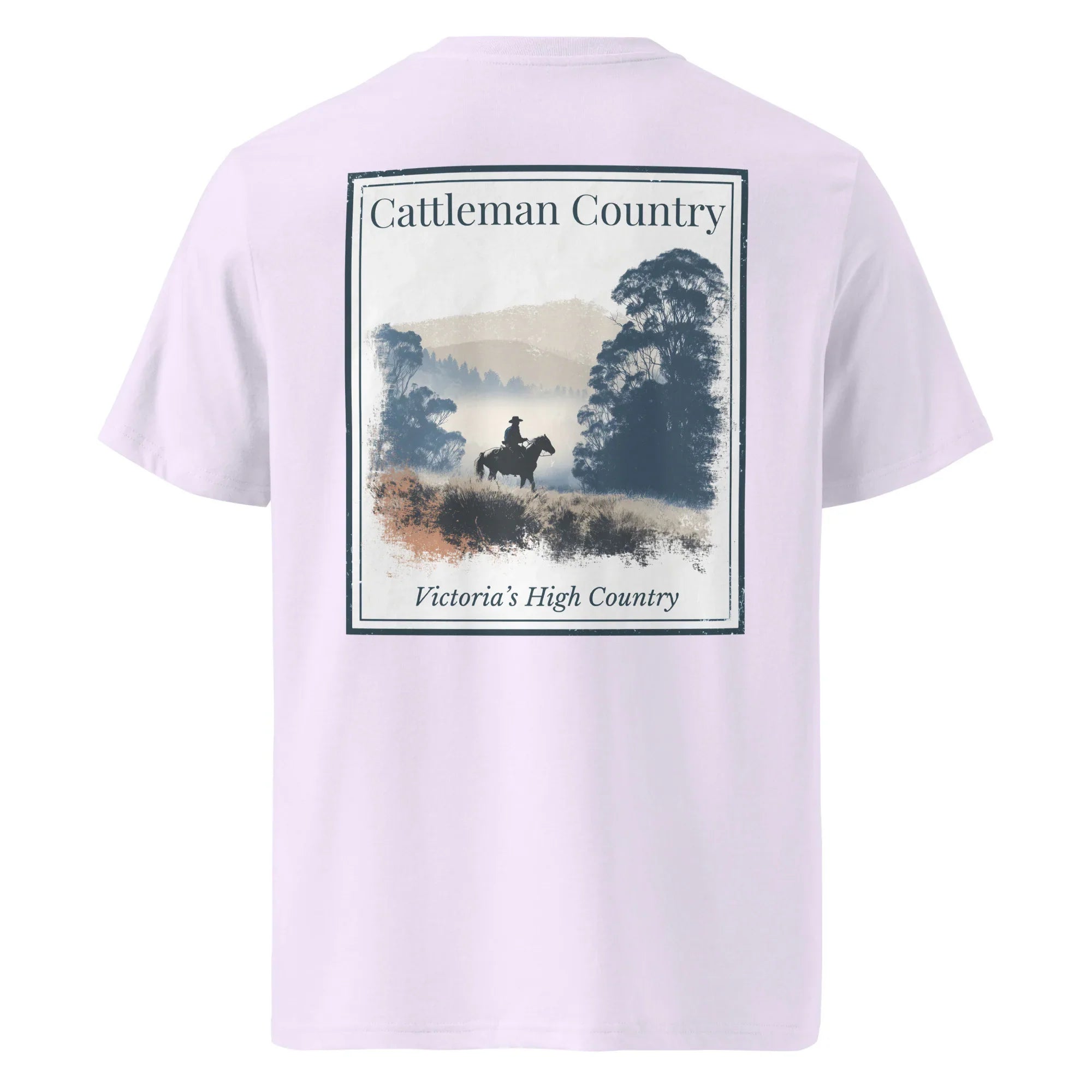 Lavender organic tee, back graphic “Cattleman Country: Victoria's High Country”