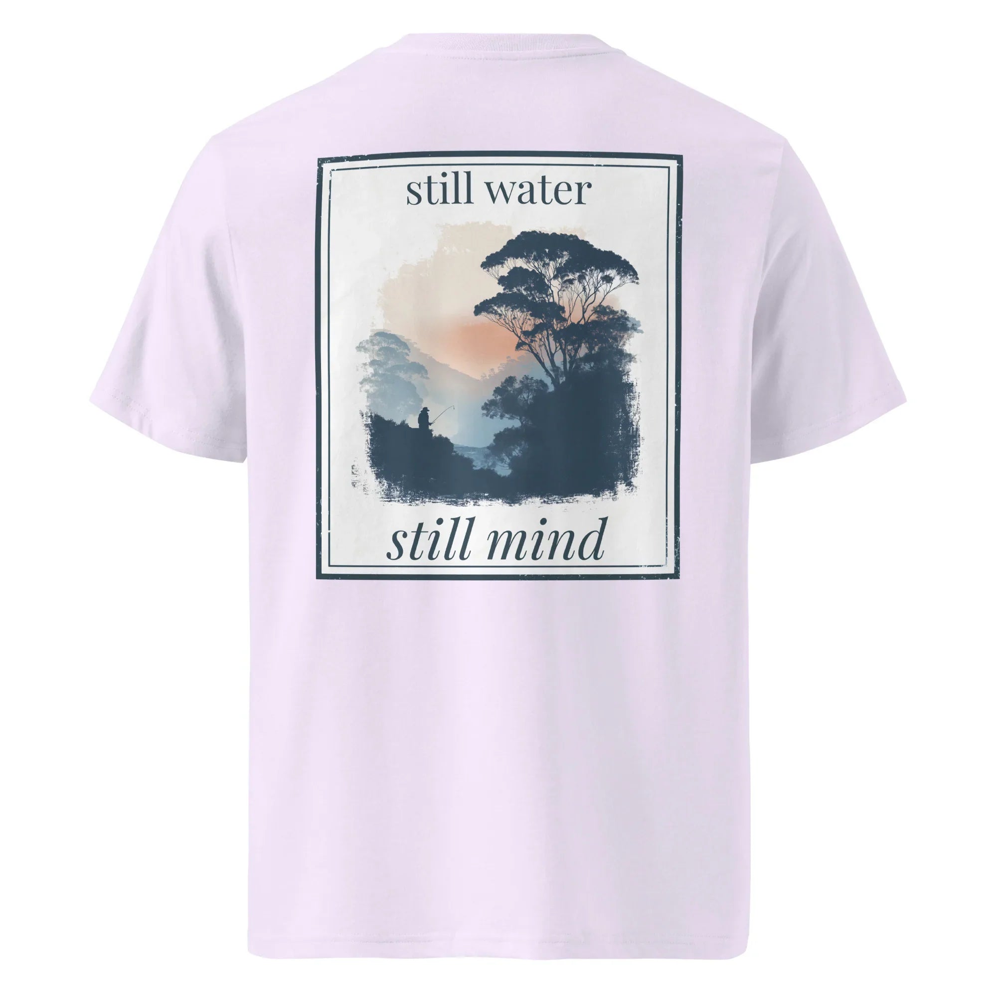 Organic tee in pale lavender with back graphic panel and “still water / still mind” text