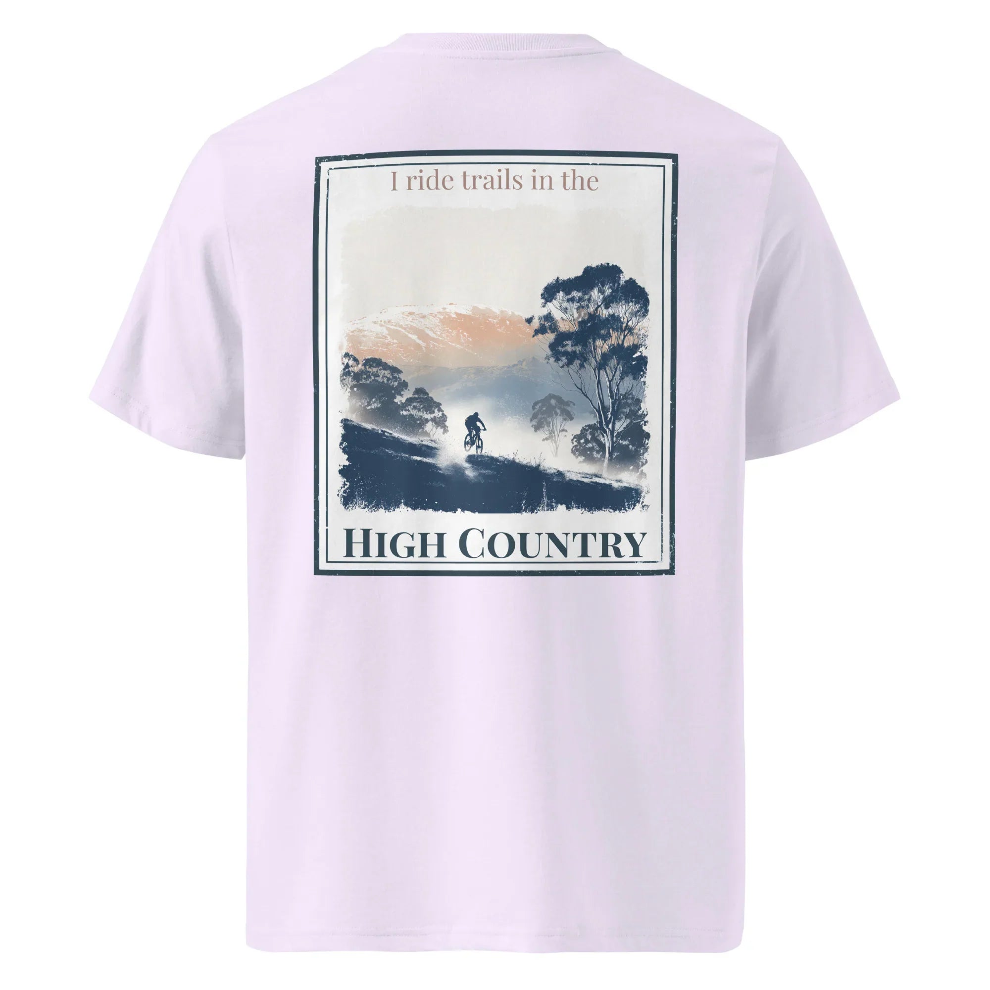 Organic Tee in Lavender, back graphic print: “I ride trails in the” and “HIGH COUNTRY”.