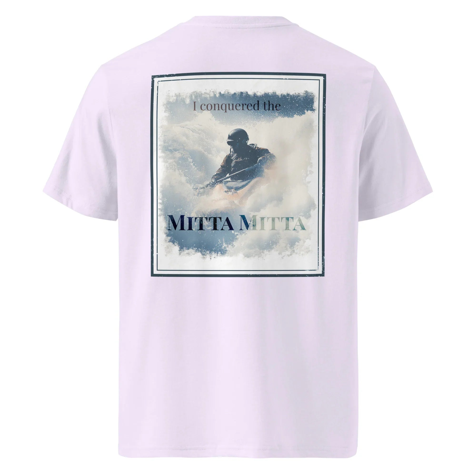 Organic tee (back) in light lavender with large “Mitta Mitta” graphic print