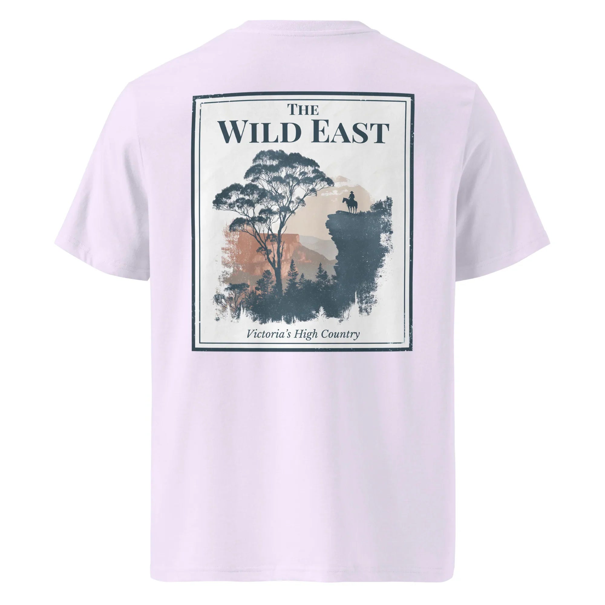 Organic Tee - The Wild East, lavender; back print with landscape graphic.
