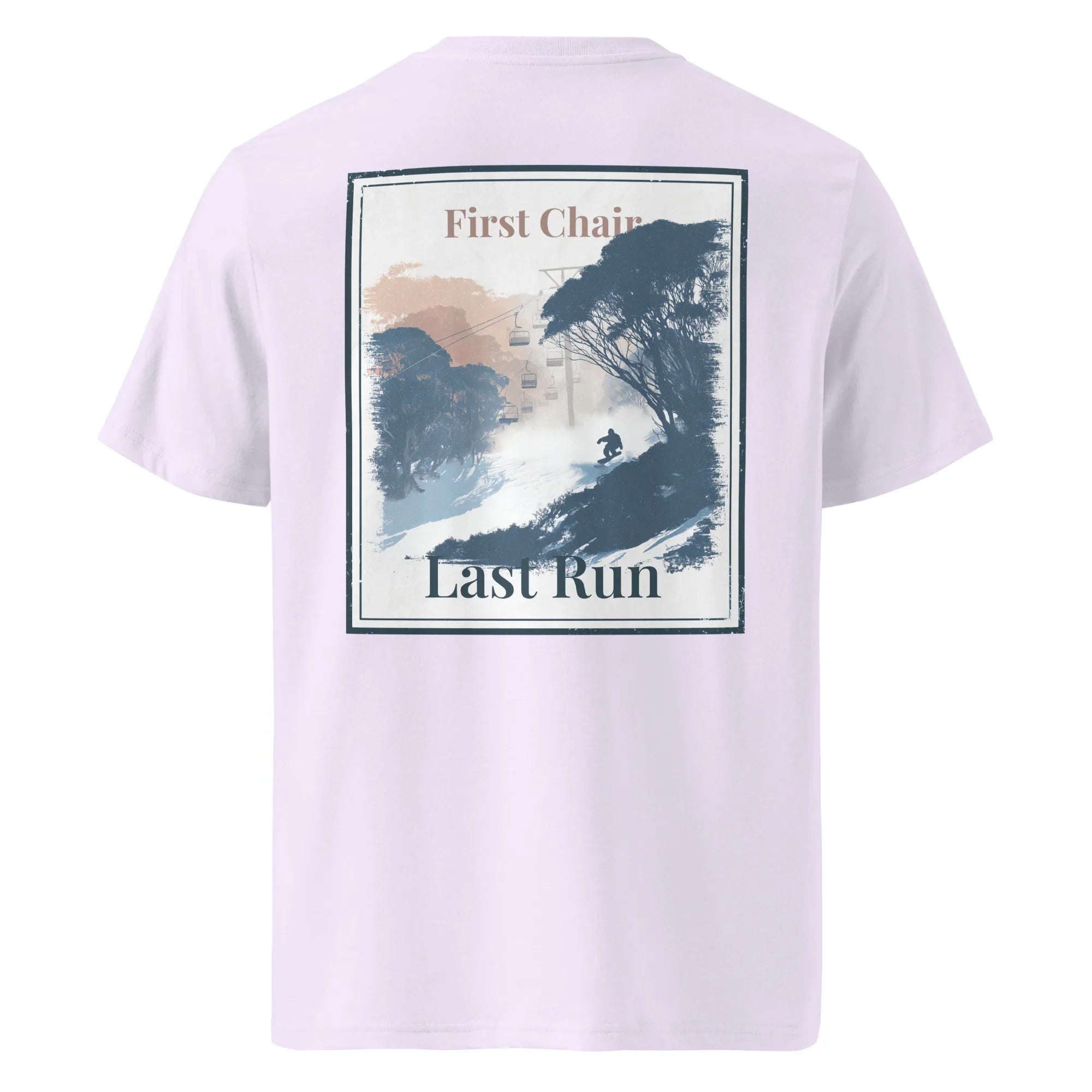 Fraiche Peche Organic Tee Rückseite mit „First Chair“/„Last Run“-Foto