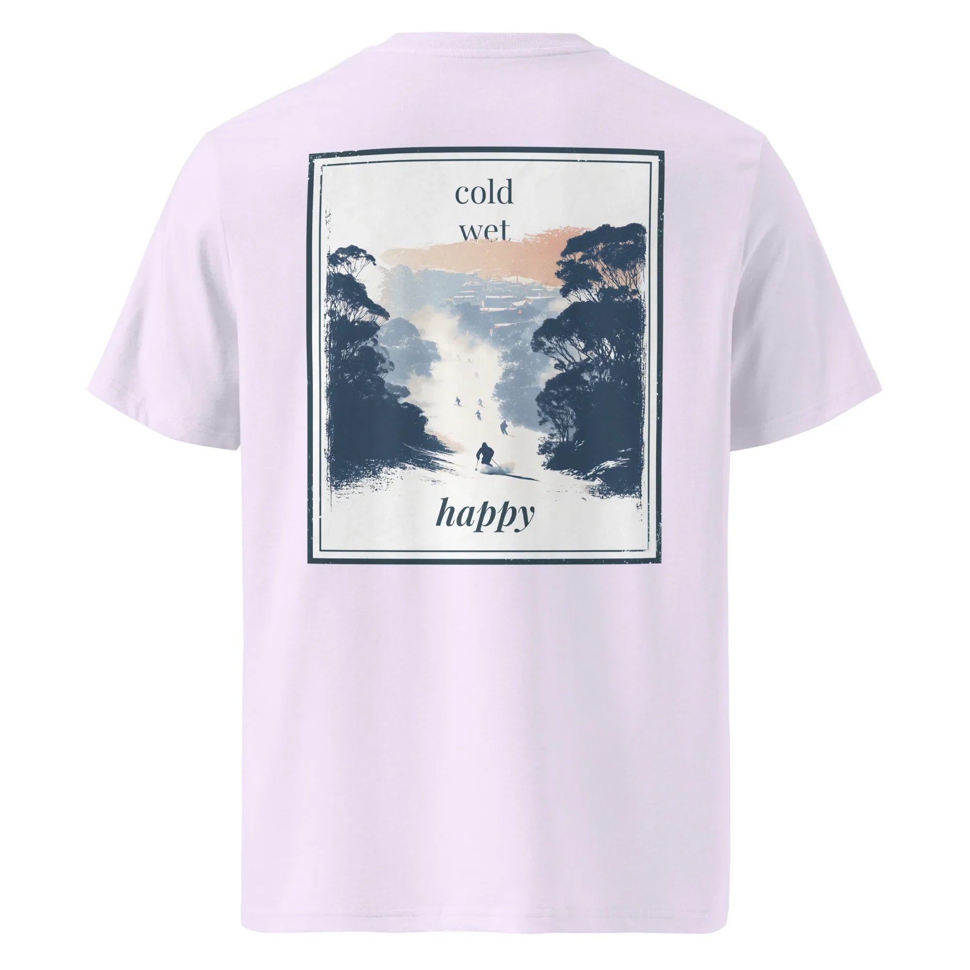 Organic tee in lavender, back print 'cold wet happy' framed landscape graphic
