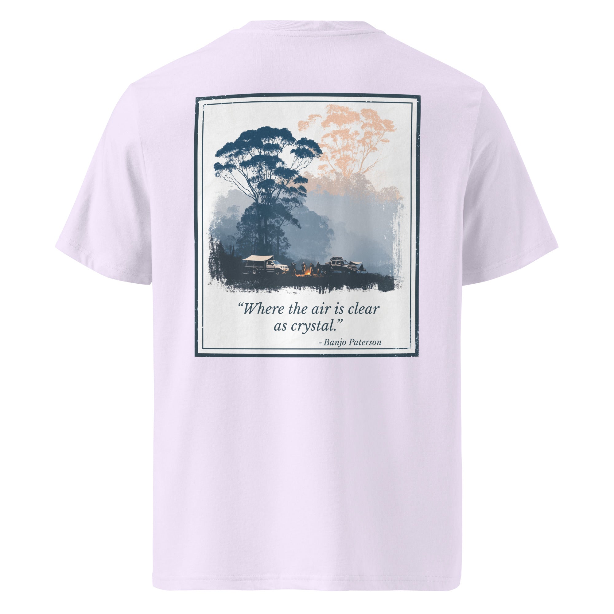 Lavender organic T-shirt with square framed landscape graphic and quote print on back