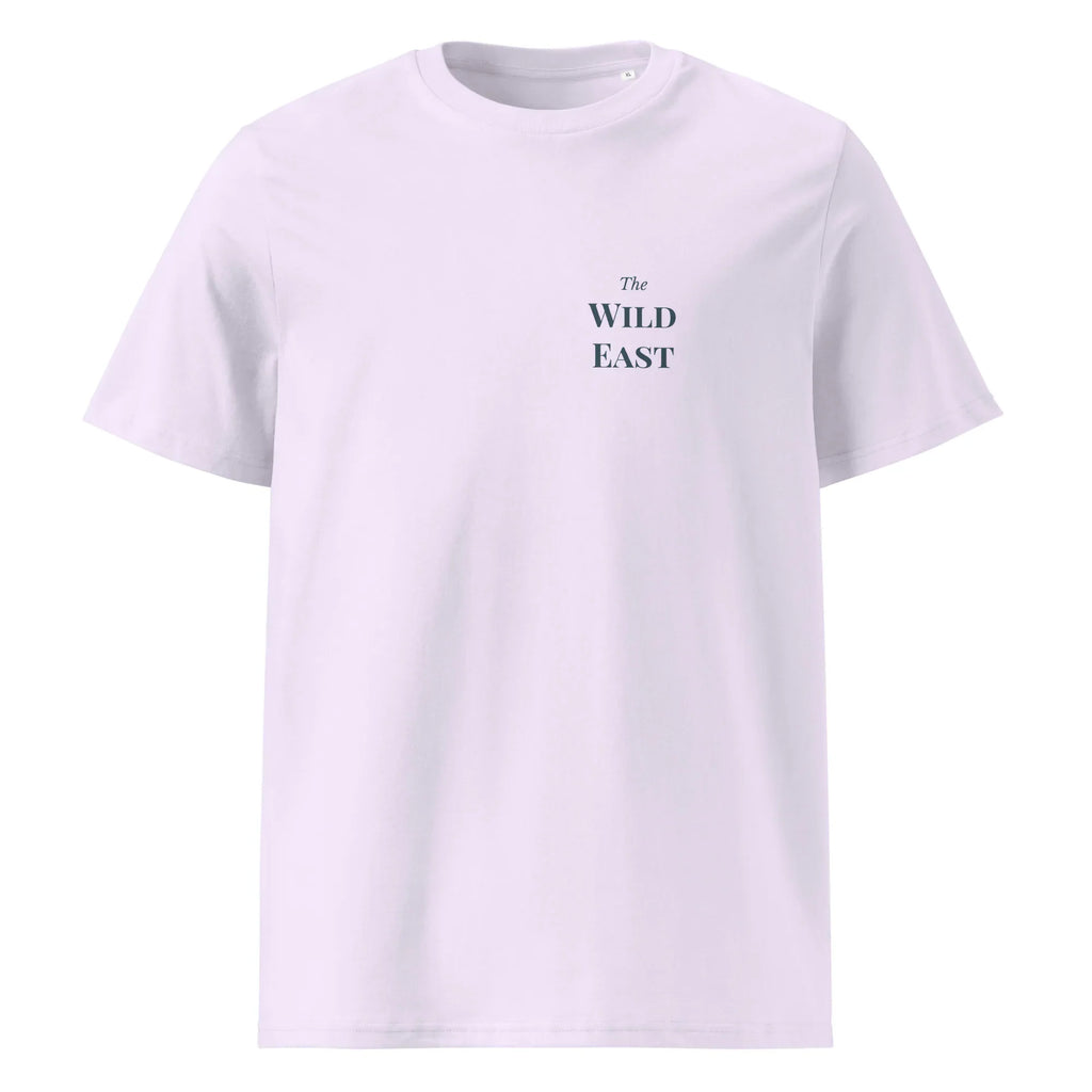 Lavender organic T-shirt, front "The WILD EAST" text print