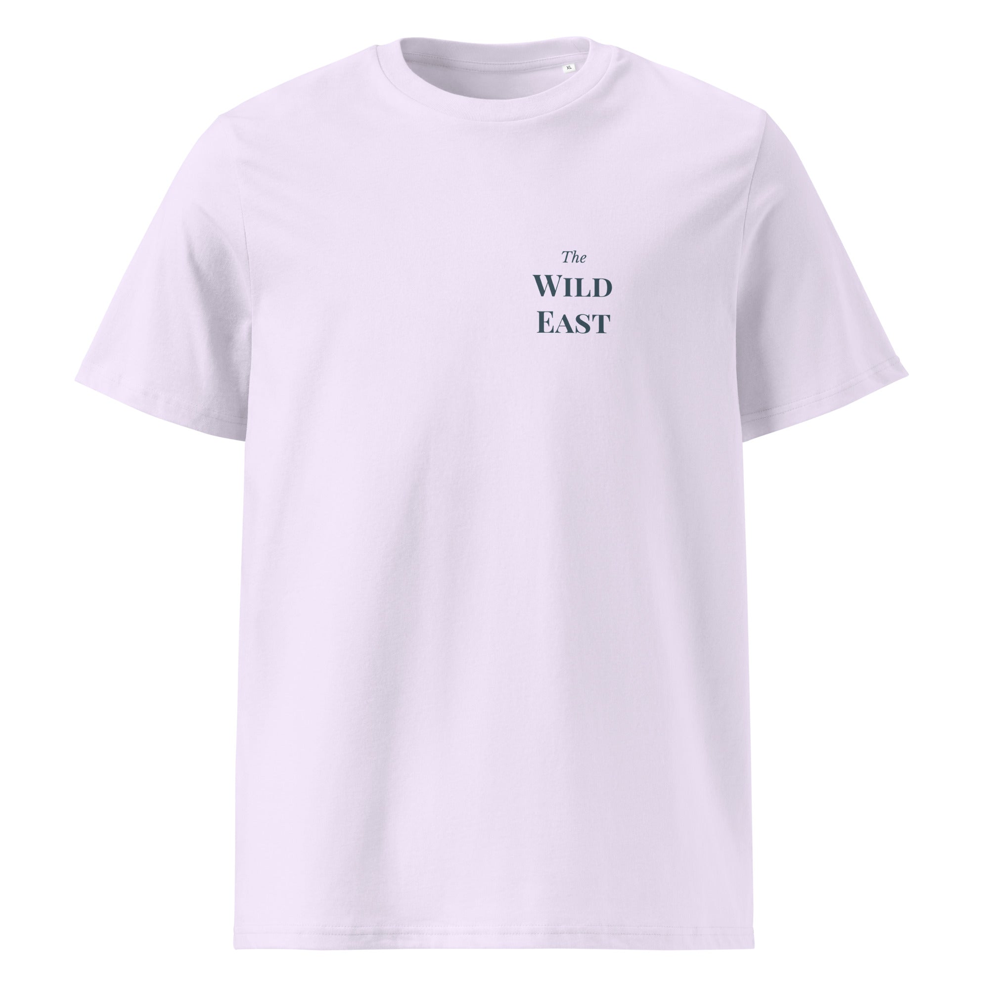 Organic tee in lavender with small front logo text print