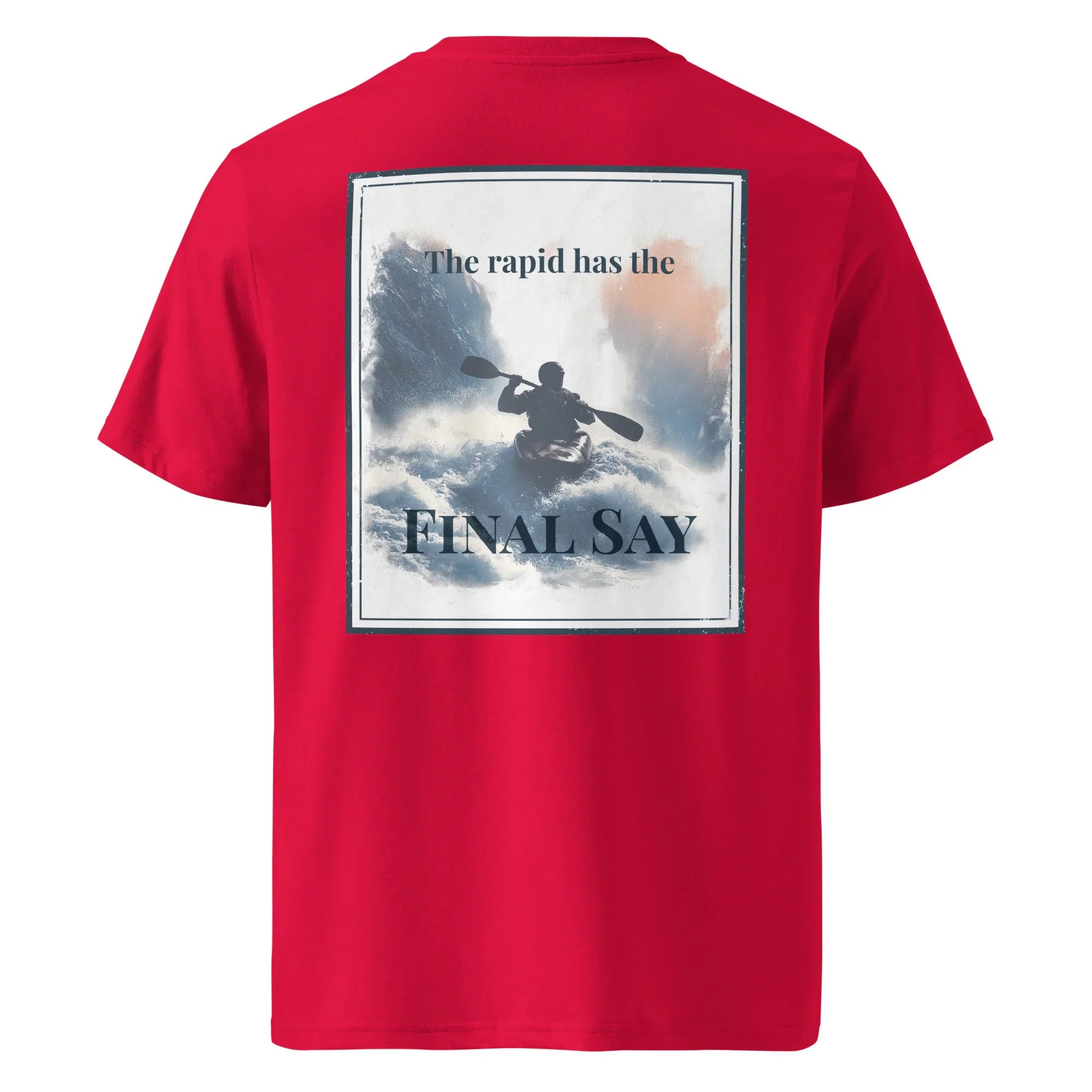 Red T-shirt with large back graphic reading “Final Say”