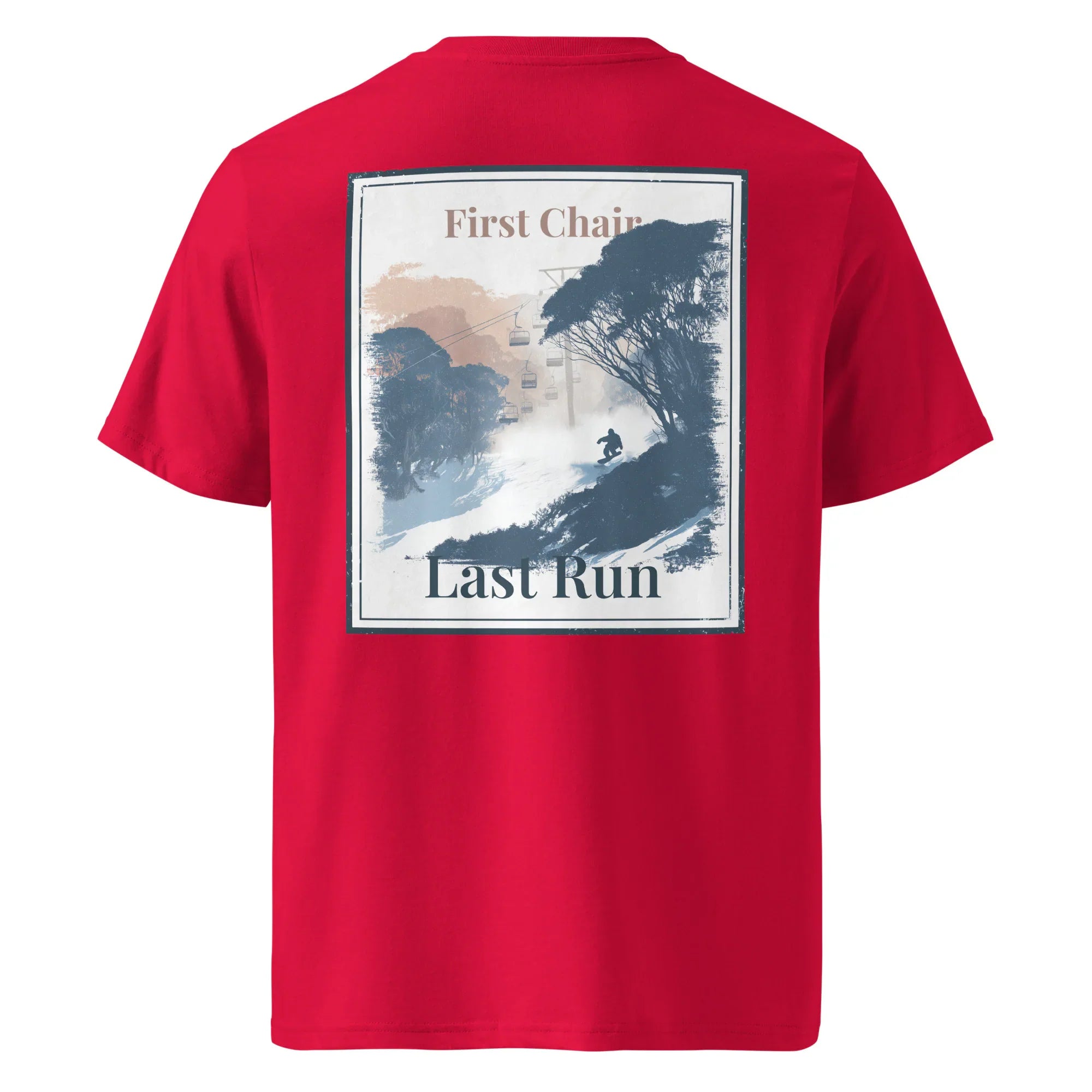 Red tee back with framed 'First Chair'/'Last Run' graphic