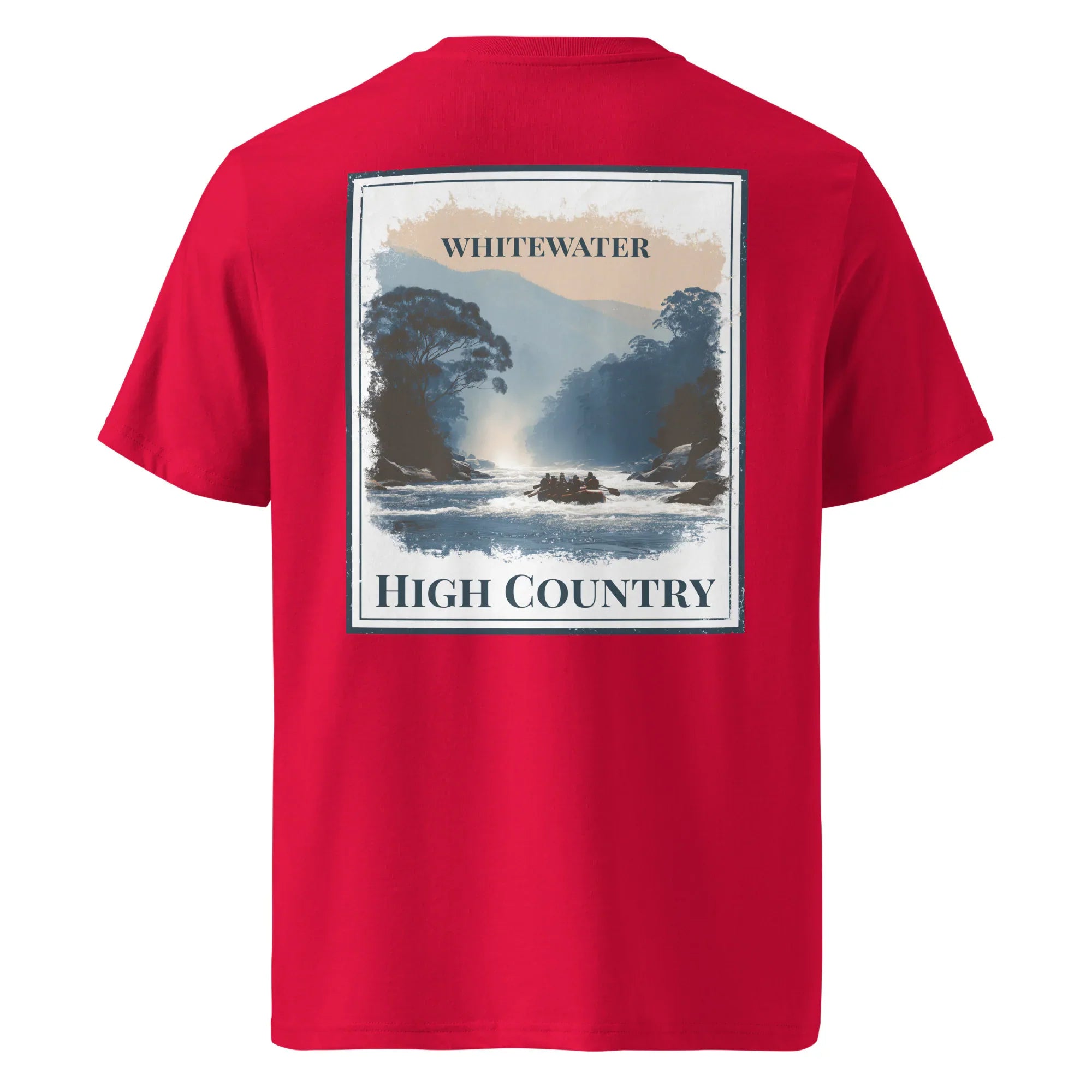Red organic T-shirt, back graphic "WHITEWATER" and "HIGH COUNTRY"