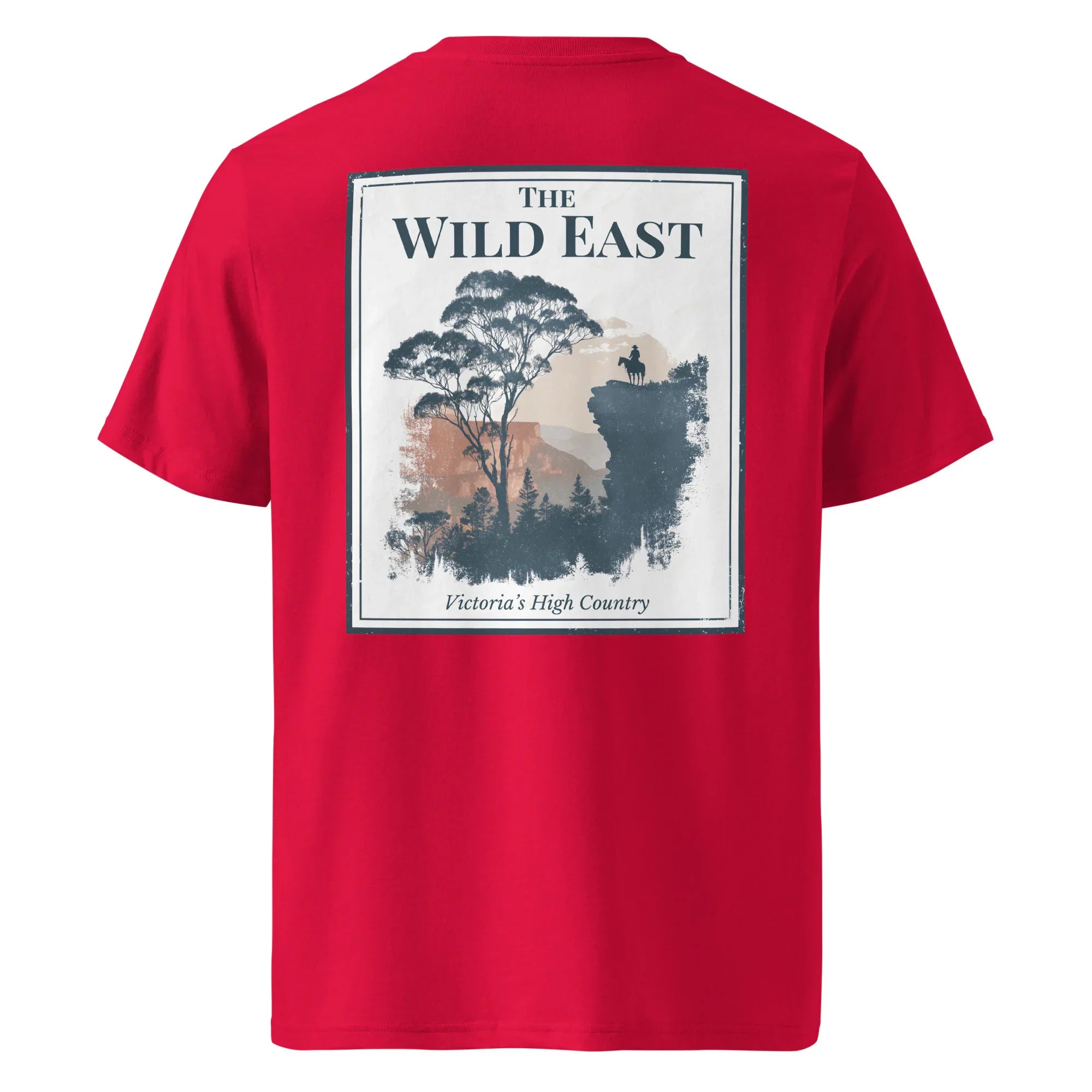 Organic tee back in rot, large “The Wild East” landscape print