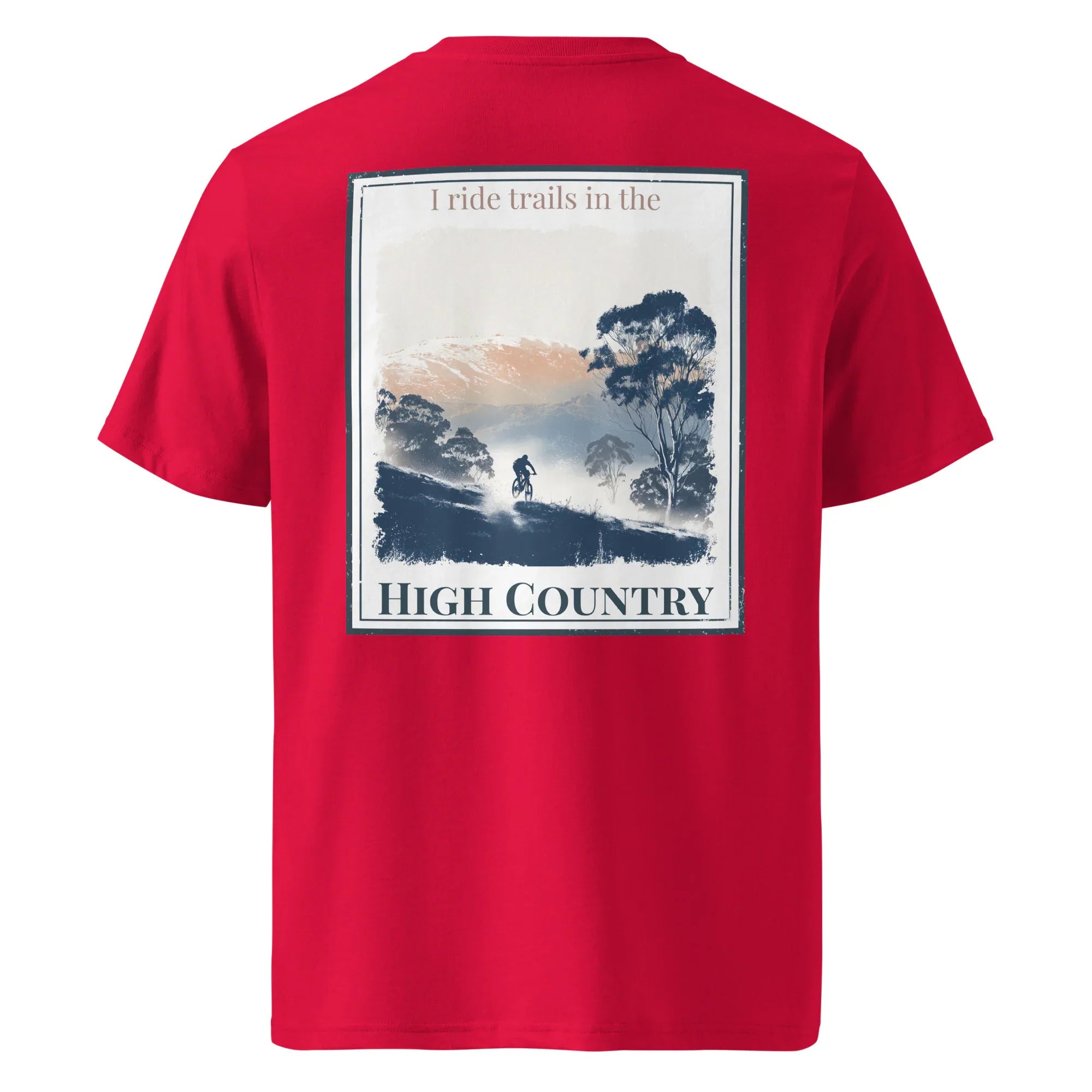 Red organic tee, back scenic 'High Country' print with rider