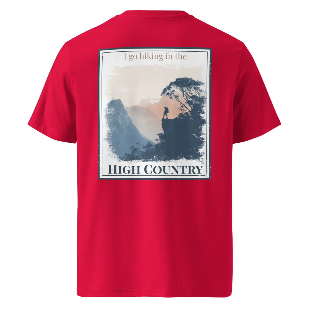 Red organic tee with back hiking landscape graphic and “HIGH COUNTRY” text