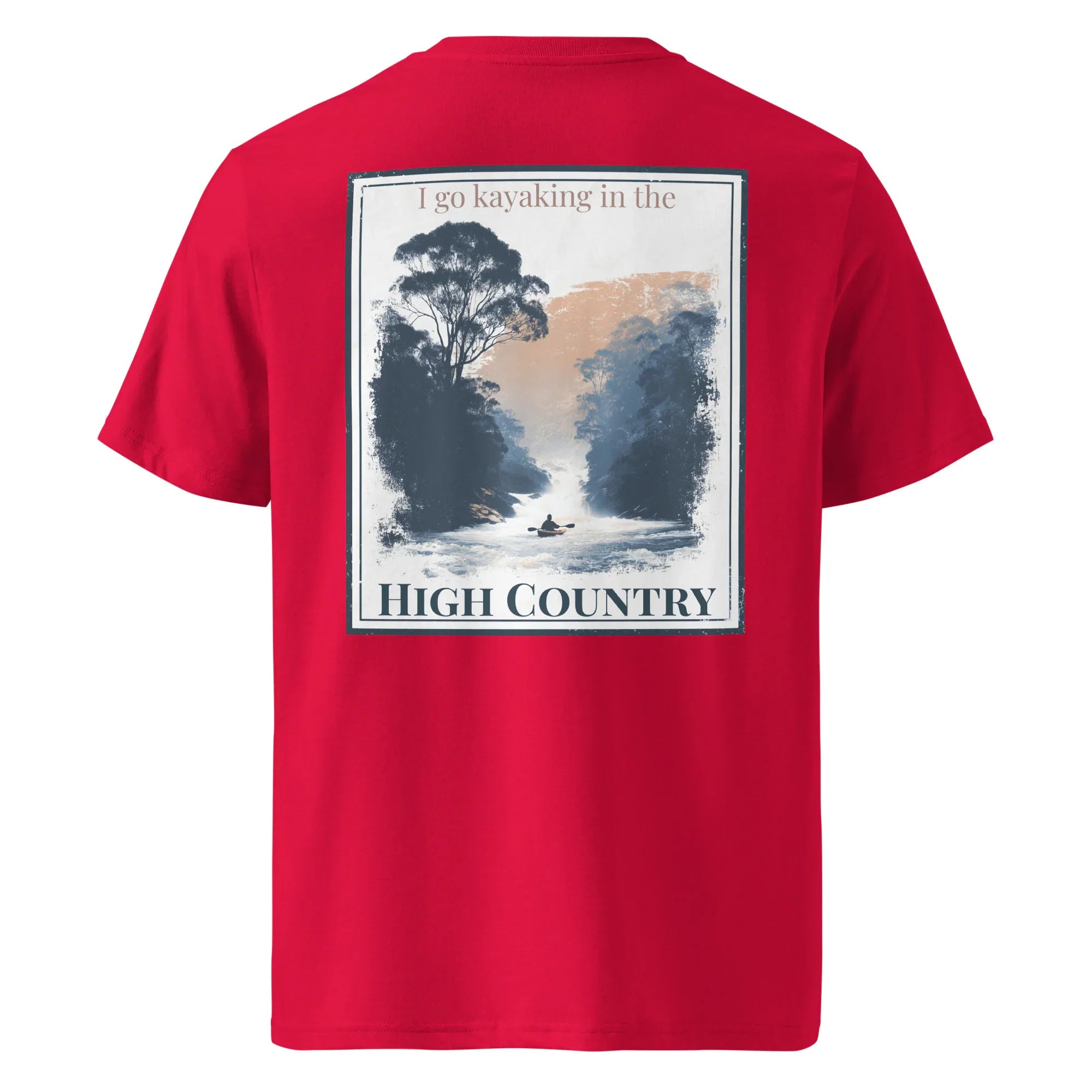 Red T-shirt mit Rückenprint „I go kayaking in the High Country“