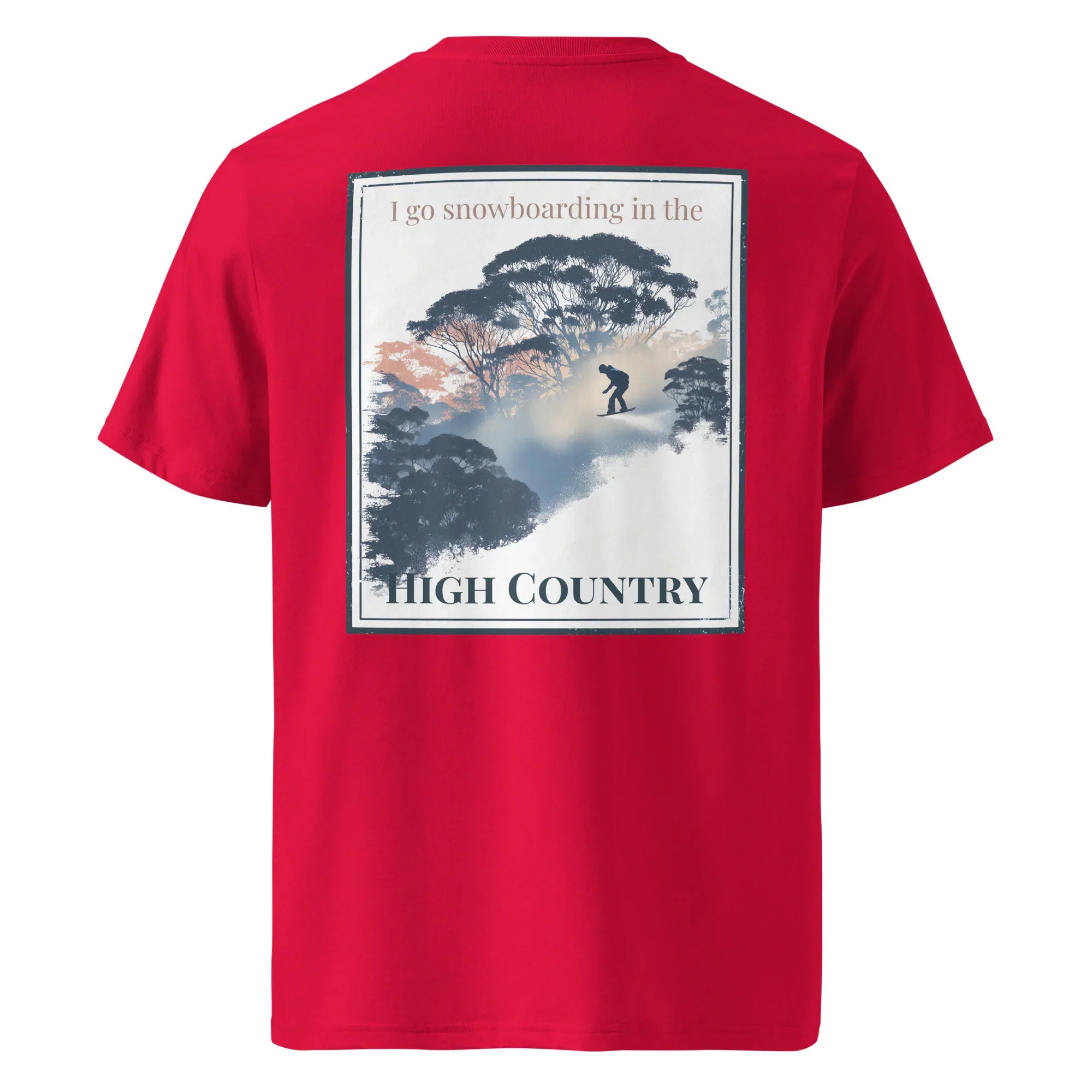 Red organic tee, back “High Country” graphic with snowboarder silhouette