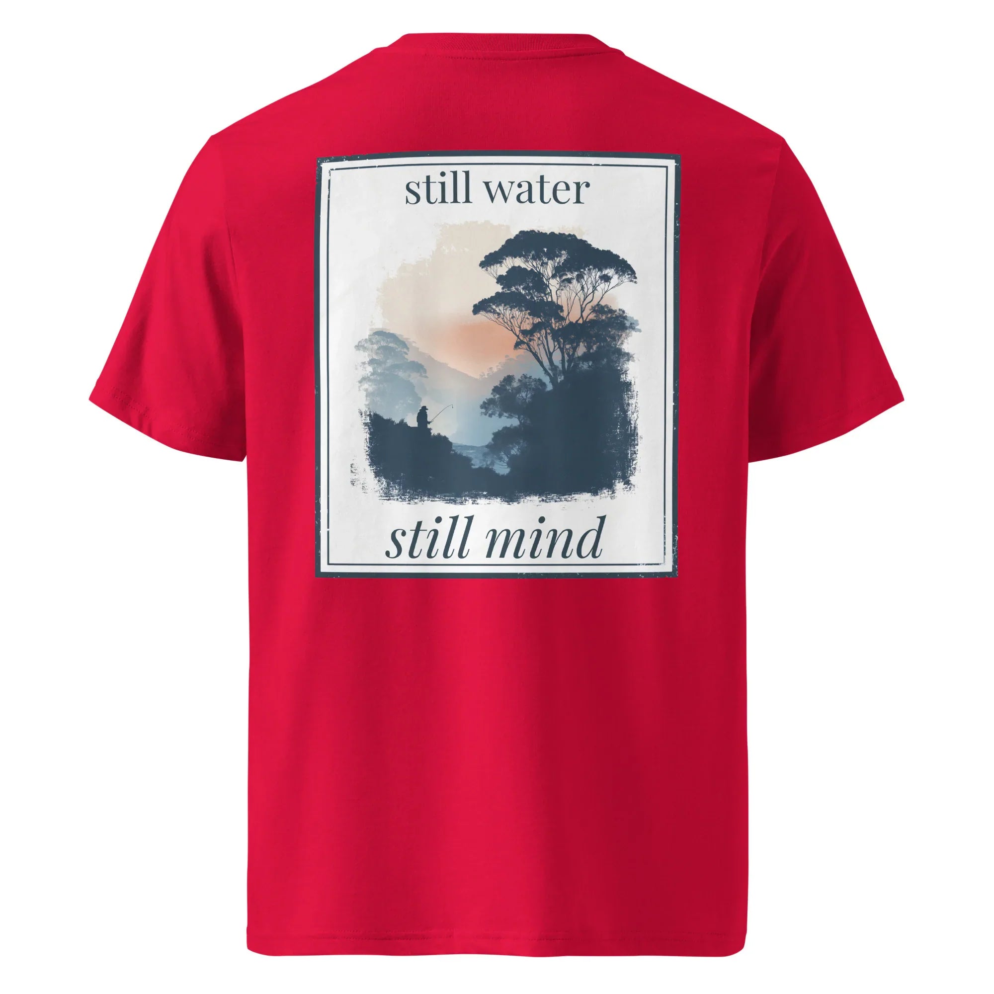 Red Organic Tee back graphic 'still water' / 'still mind' in white frame