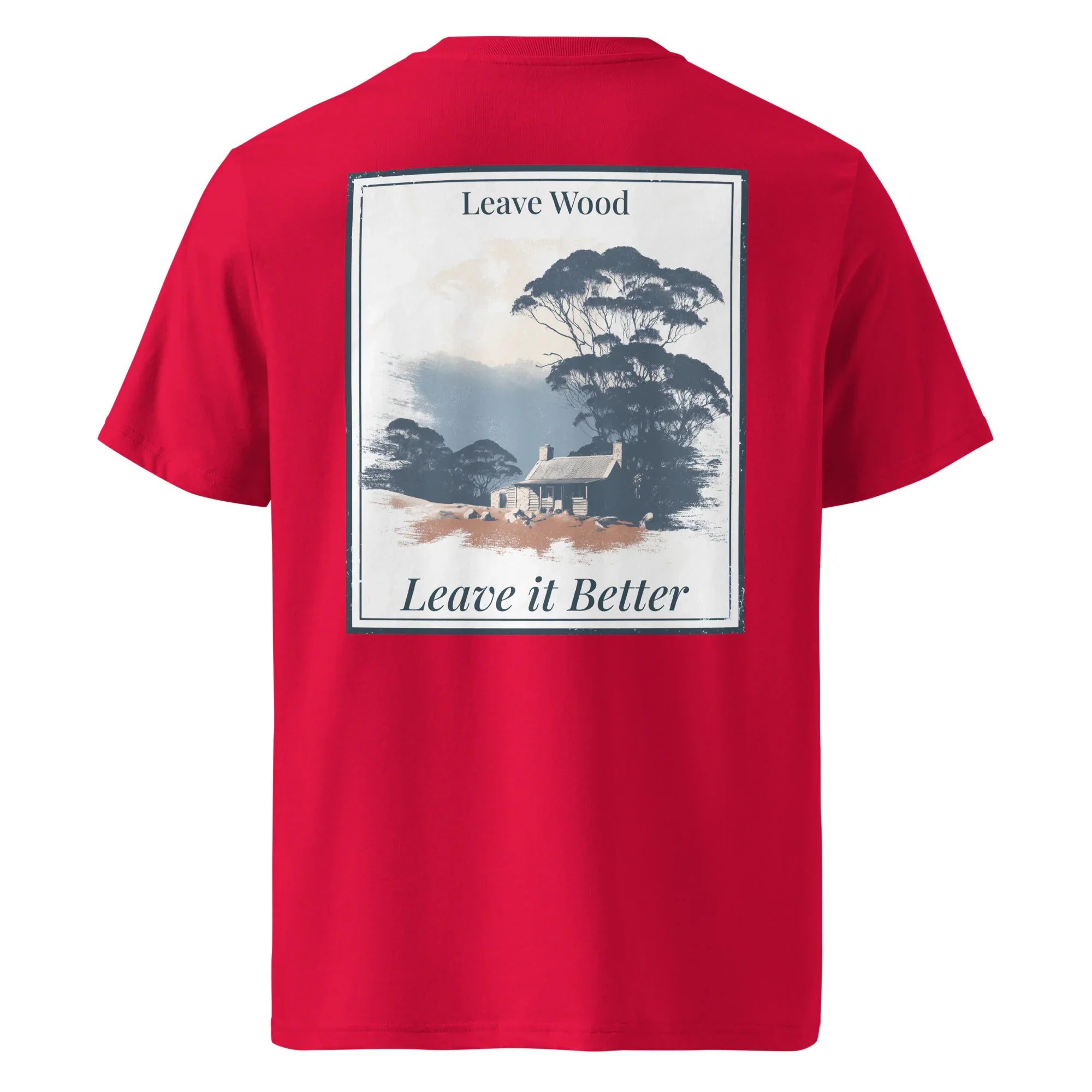 Red organic tee, back graphic print “Leave Wood / Leave it Better”