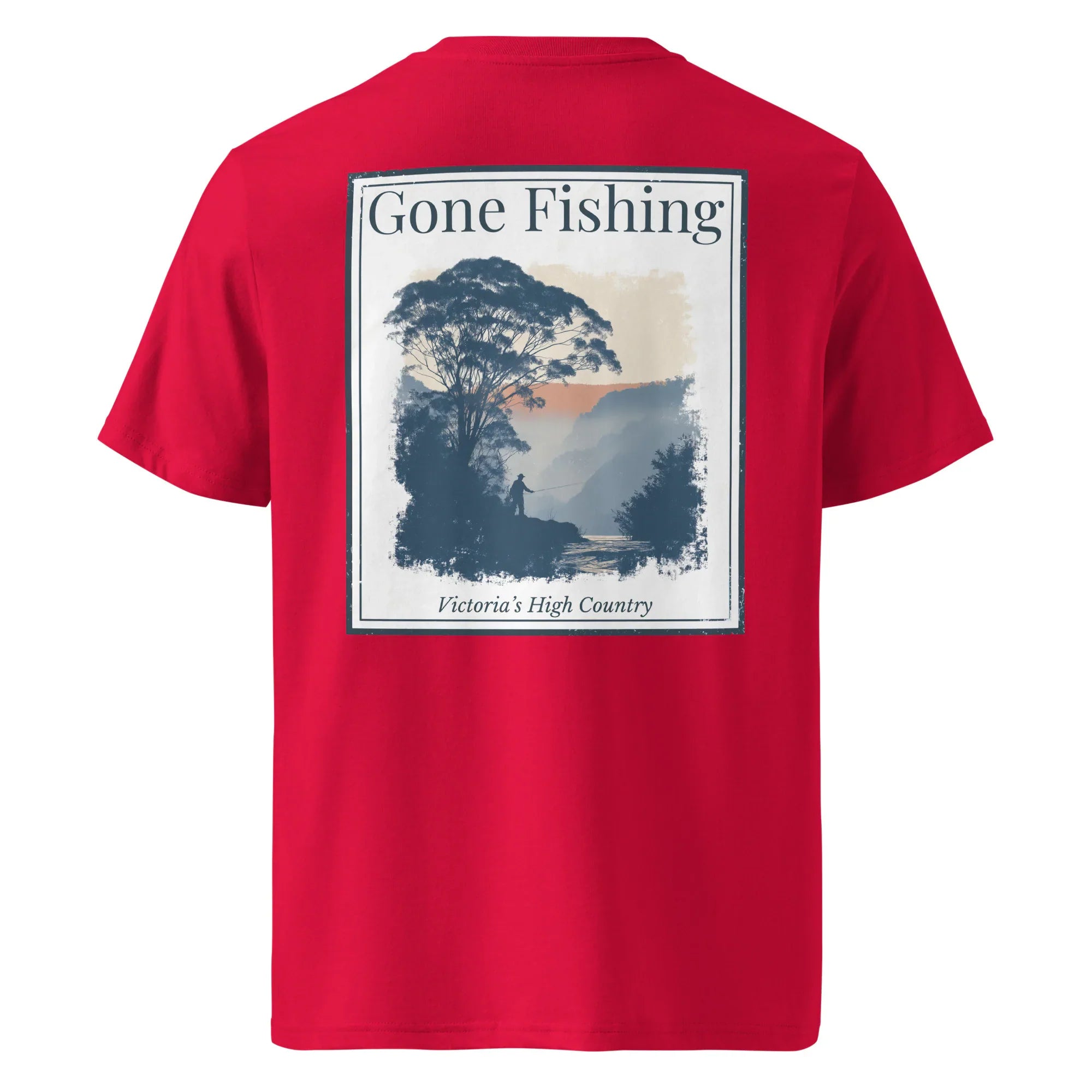 Gone Fishing organic tee, red—back graphic print
