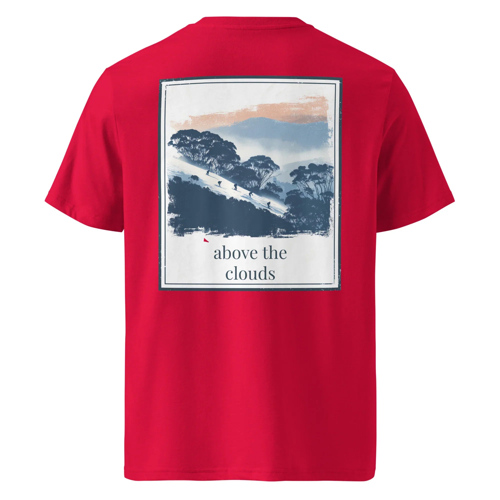 Red organic tee, back graphic of mountains with text “above the clouds”