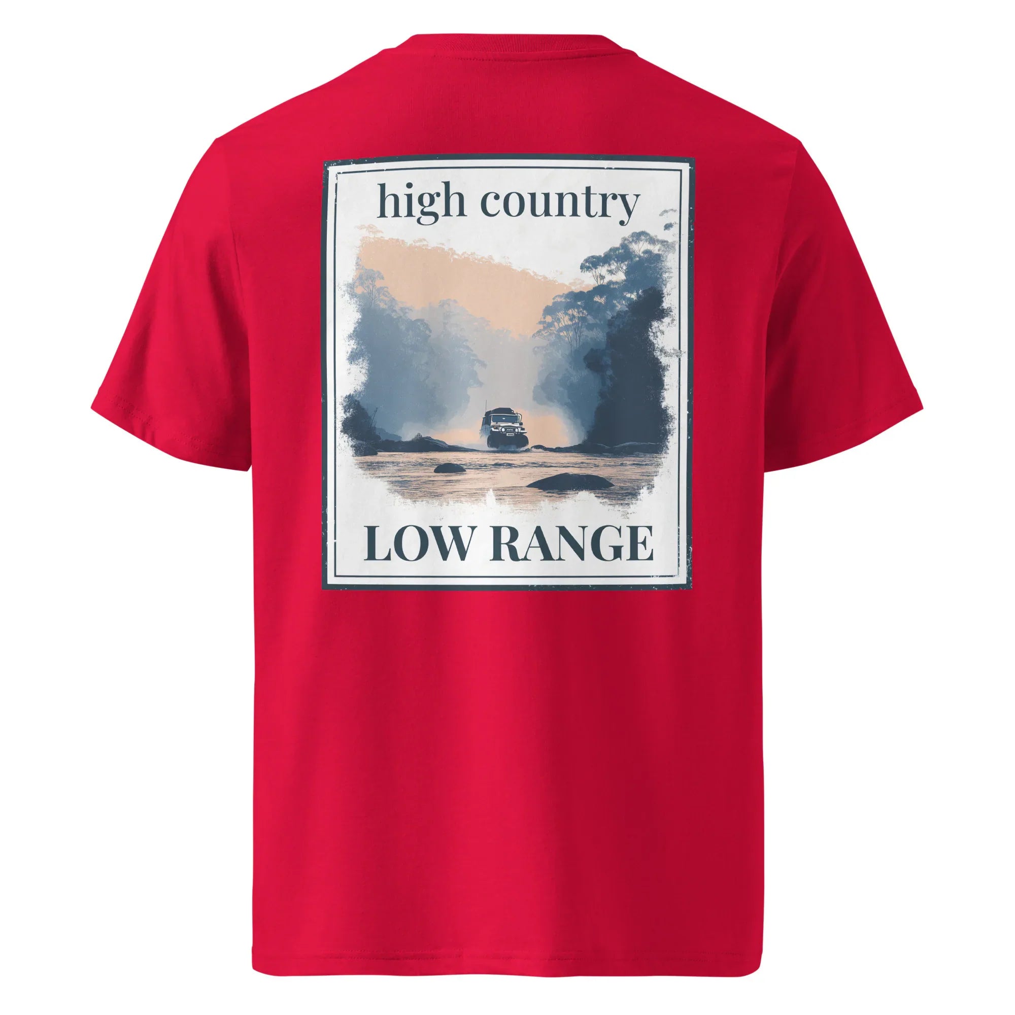Tee “high country / low range” back graphic on red shirt