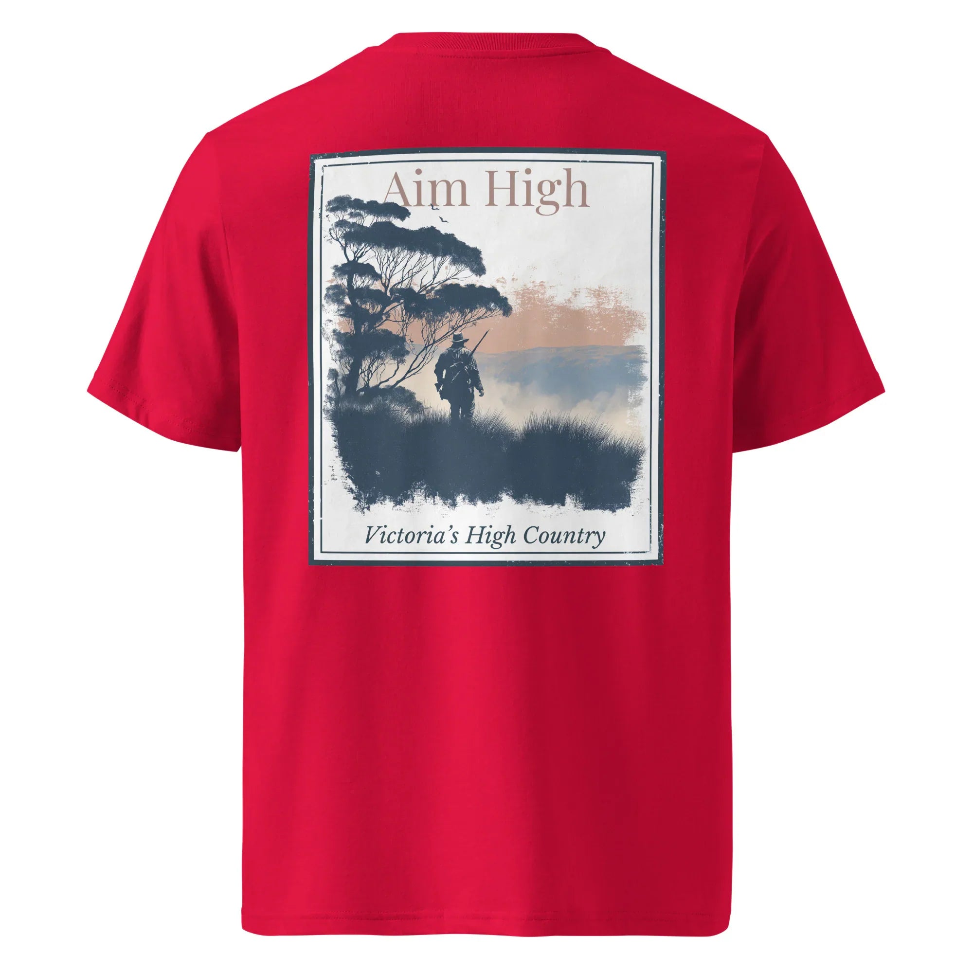 Organic T-Shirt Aim High (Red) – back photo-style print "Victoria's High Country"