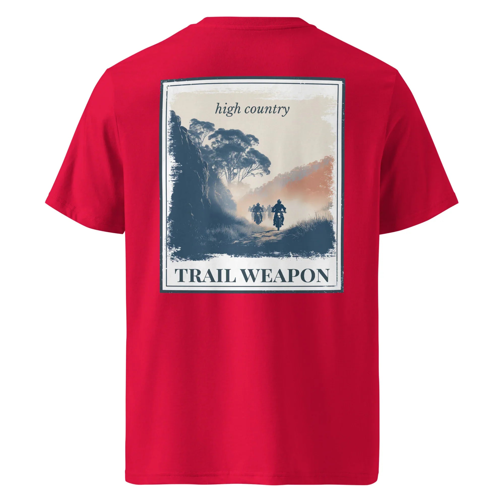 T-Shirt mit Rückenprint „TRAIL WEAPON“ und „high country“, rot