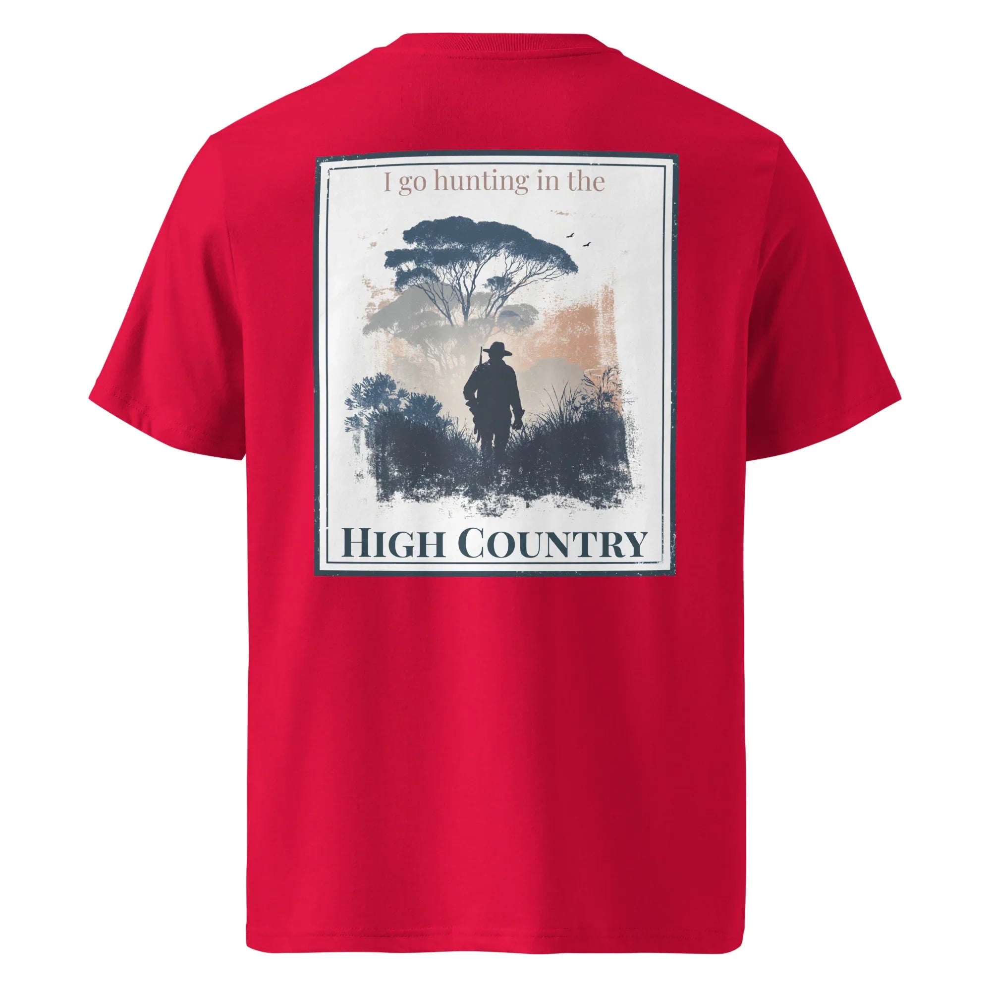 Red organic tee—back graphic with hunter silhouette and “HIGH COUNTRY” text