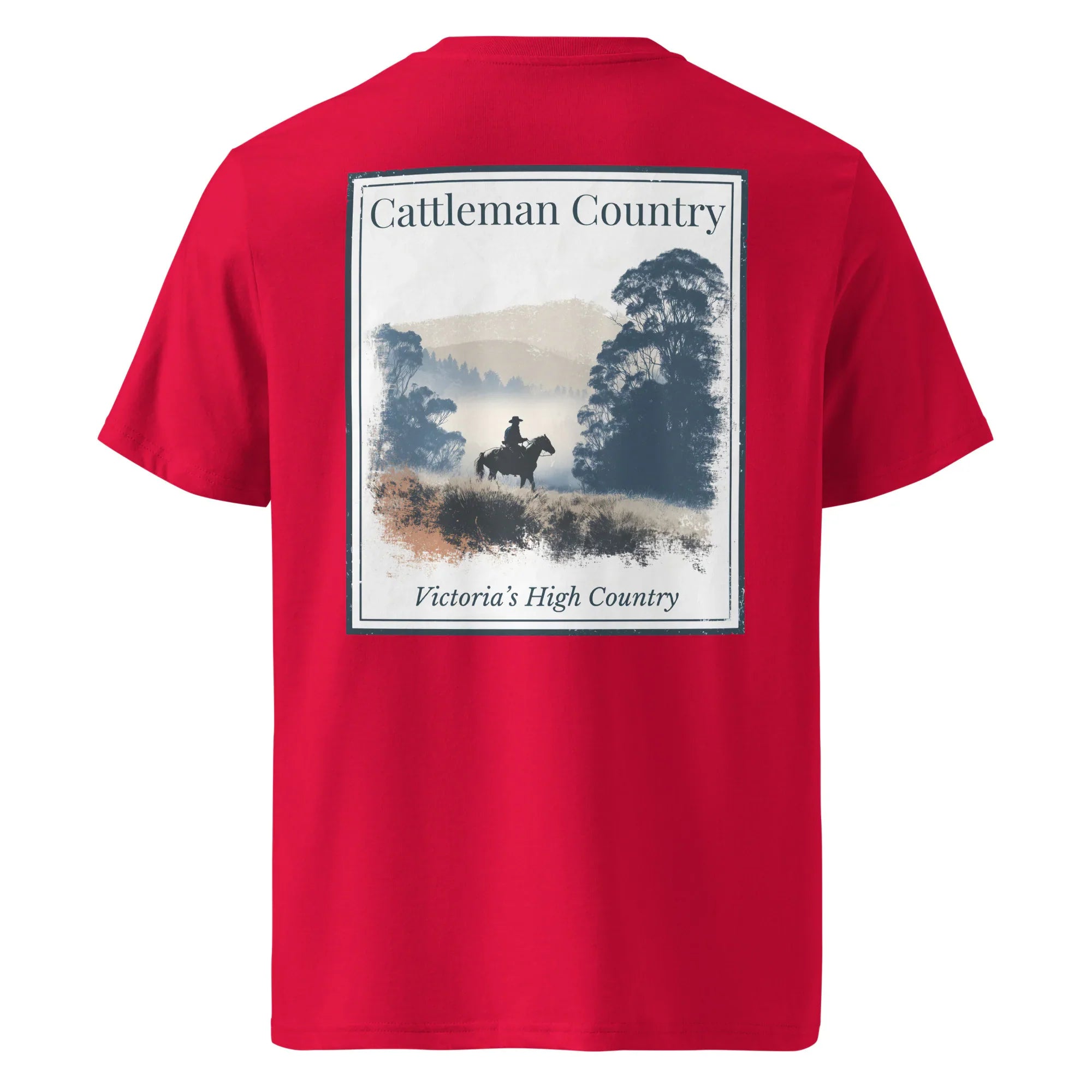 Organic Tee Rückseite, rot, „Cattleman Country“ Motiv mit Pferd