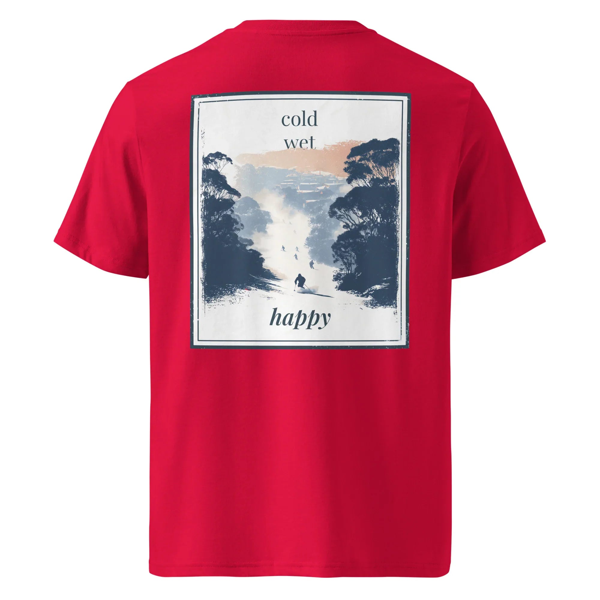 Organic Tee in Rot mit großem „cold wet happy“-Rückenprint