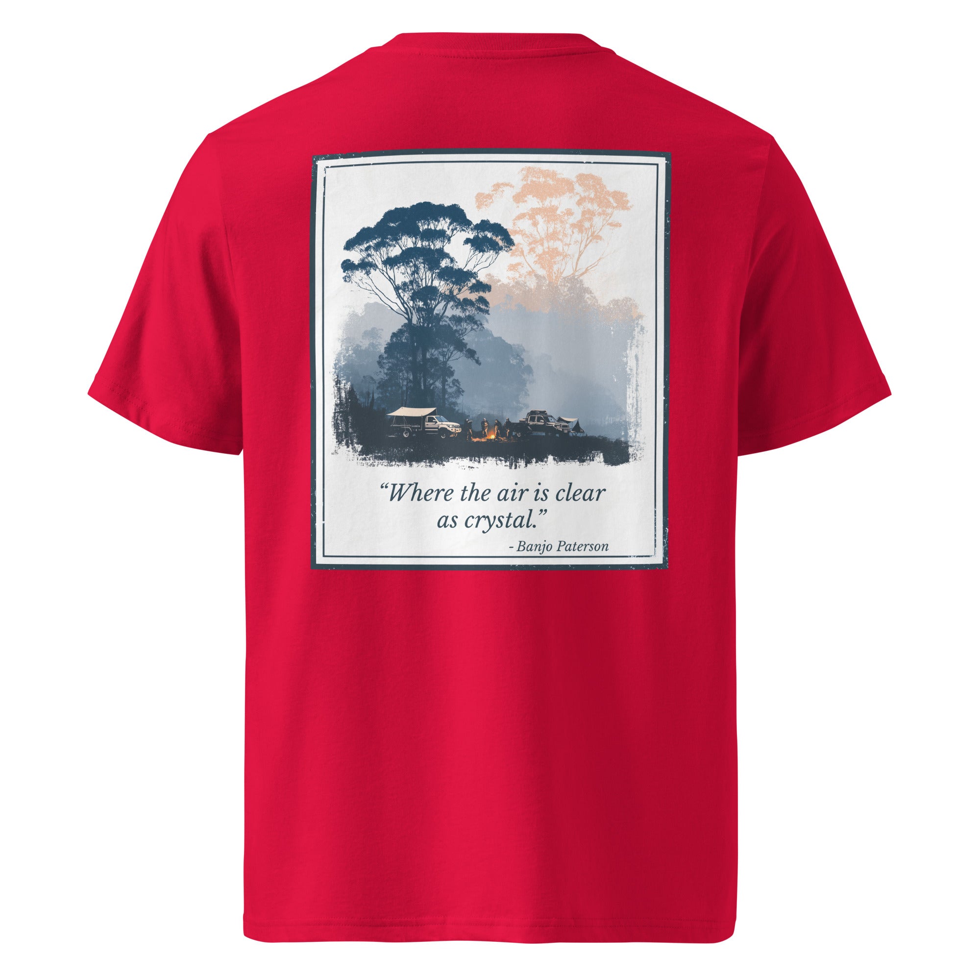 Organic tee, back view, framed landscape graphic, bright red