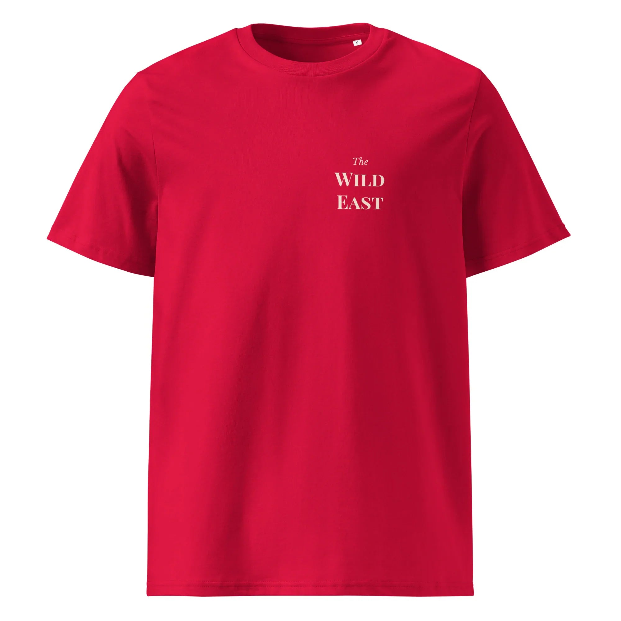 Organic Tee, roter Stoff, Brustdruck „The Wild East“