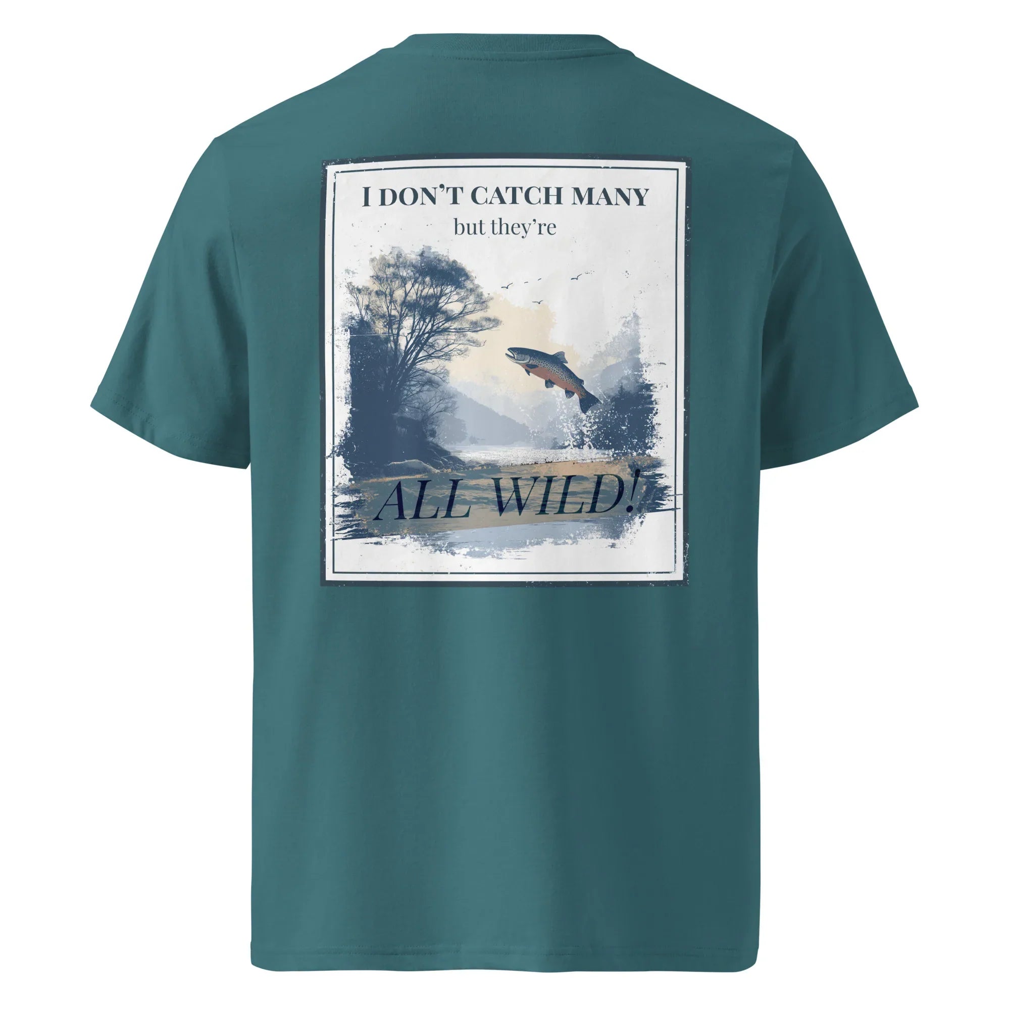 Petrolfarbenes T-Shirt mit Rücken-Print „ALL WILD“ und Delfinmotiv