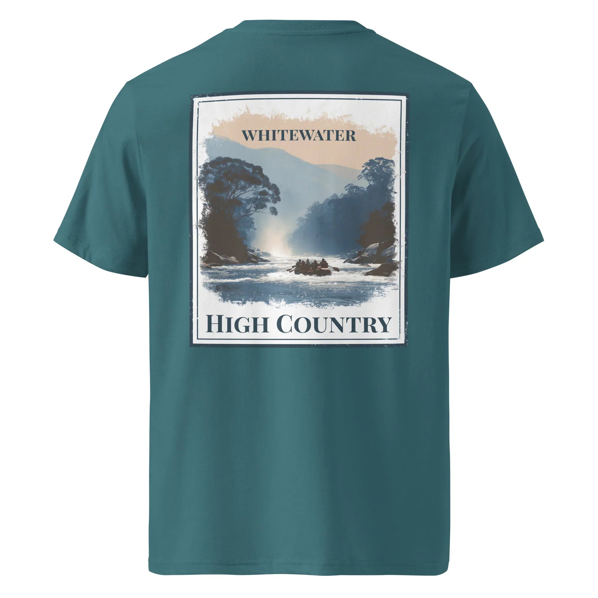 Teal organic T-shirt, back graphic "WHITEWATER" and "HIGH COUNTRY"