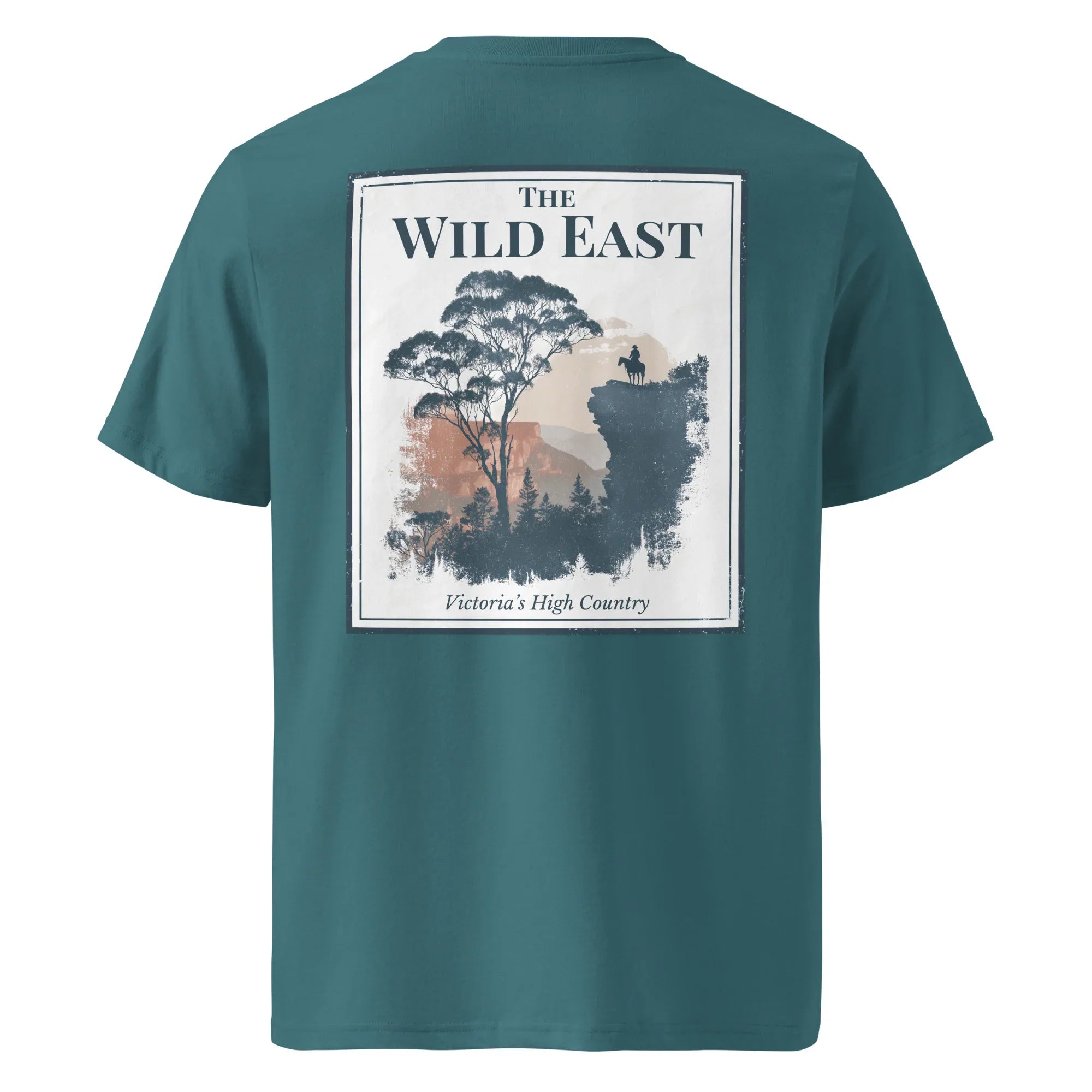 Organic tee back in teal, large “The Wild East” landscape print