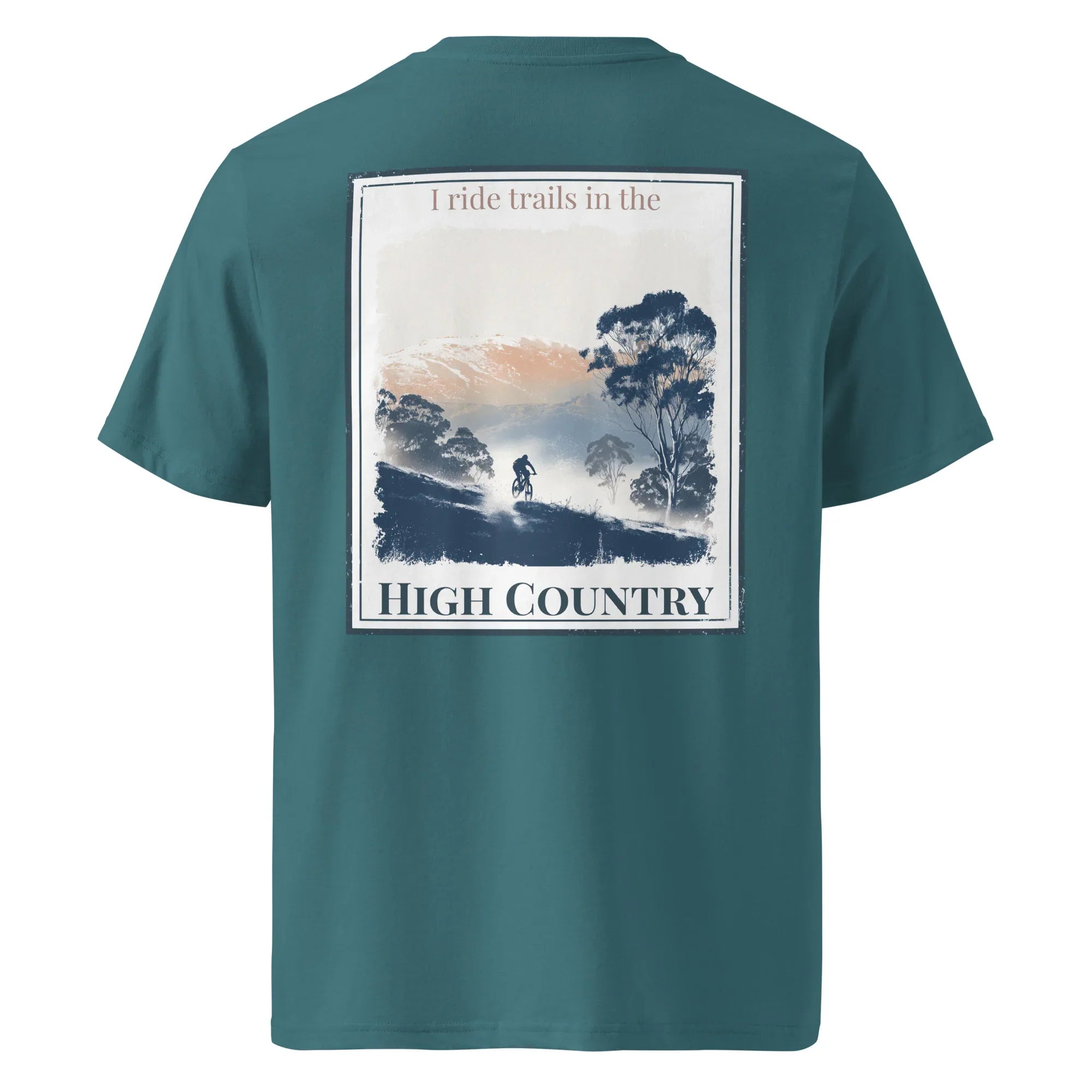Teal organic tee, back scenic 'High Country' print